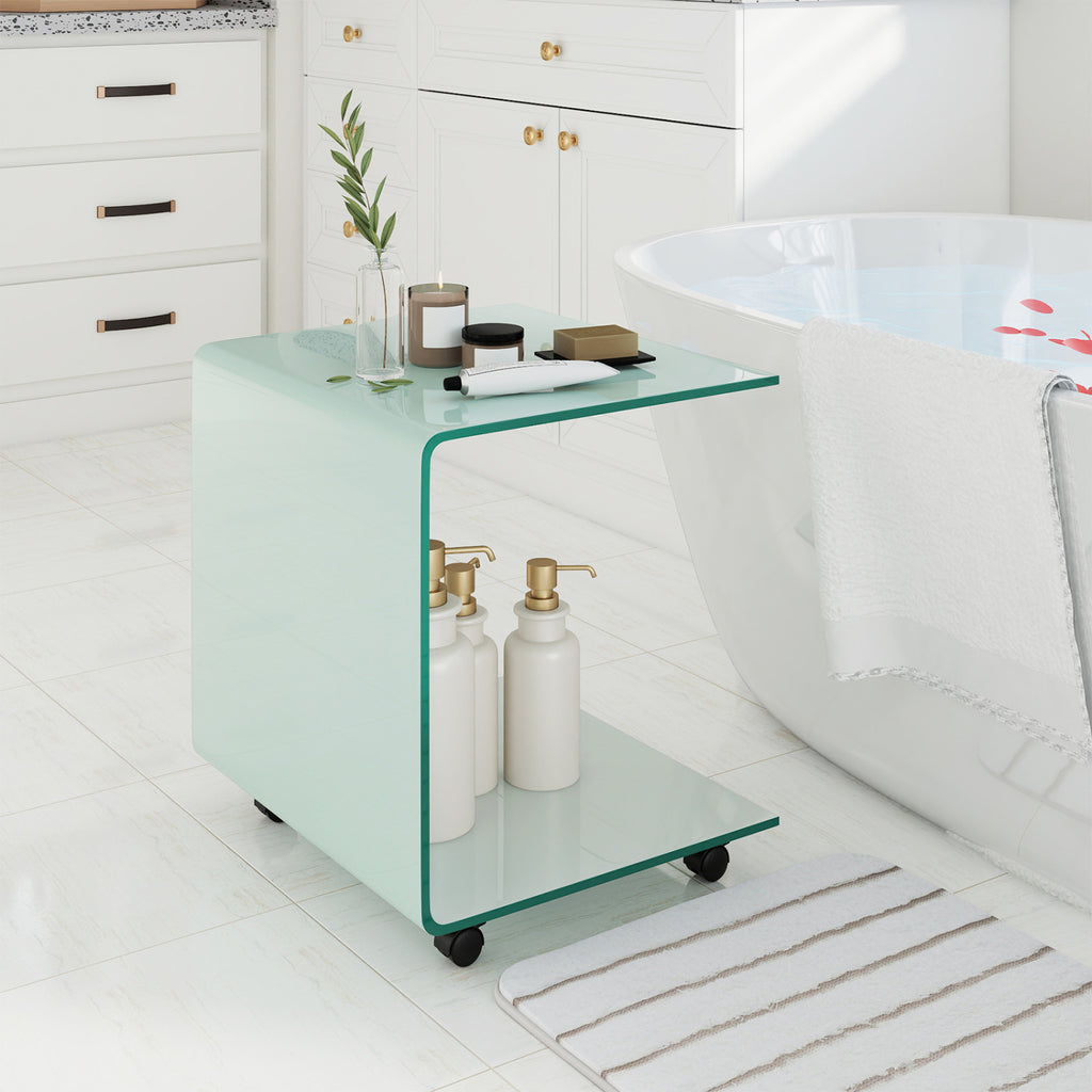 C-Shaped End Table with Shelf, White - Tempered Glass