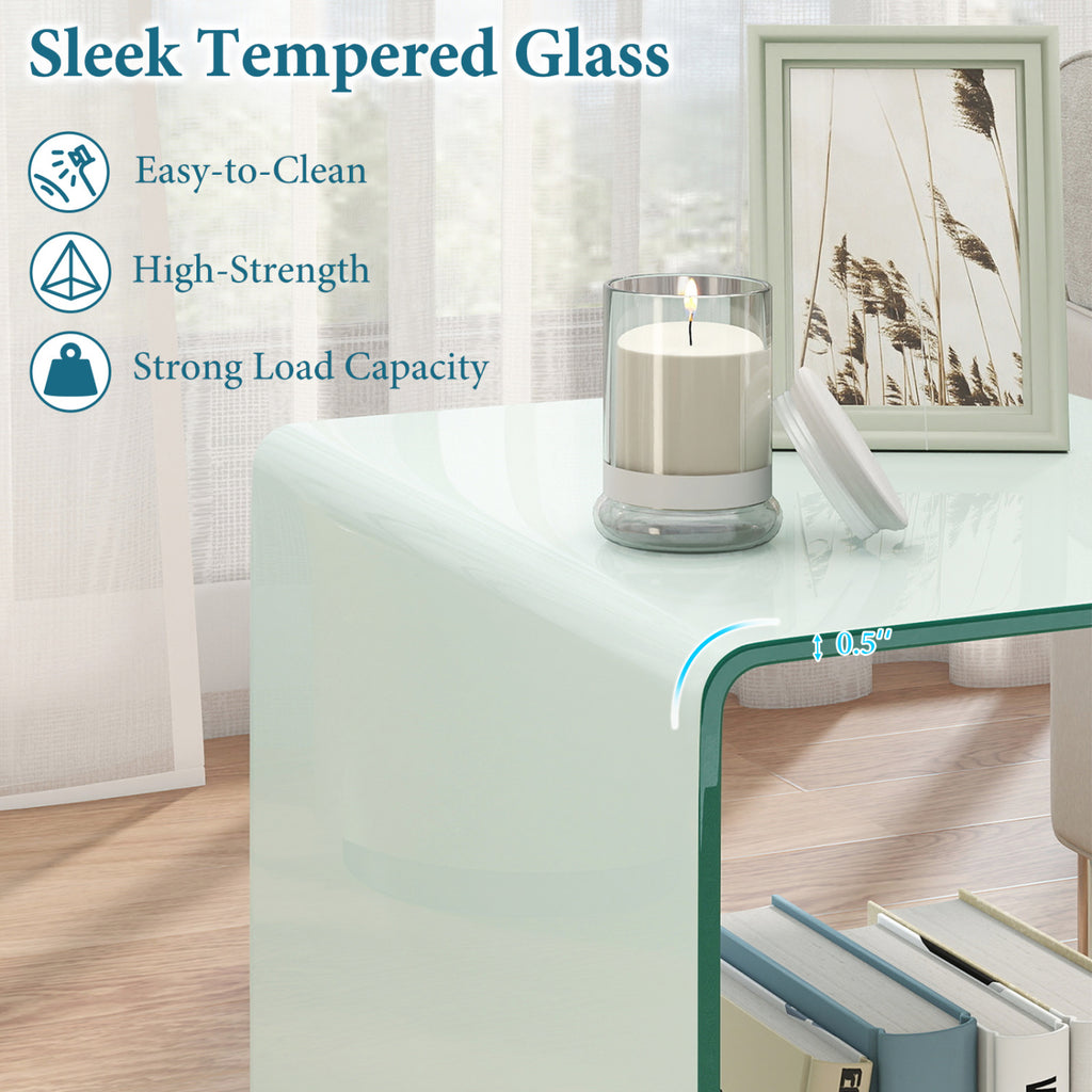 C-Shaped End Table with Shelf, White - Tempered Glass