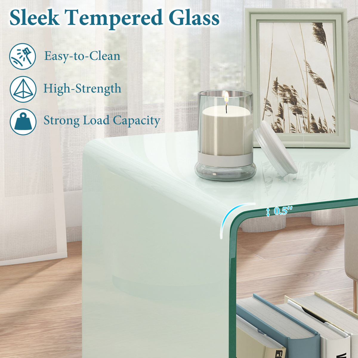 C-Shaped End Table with Shelf, White - Tempered Glass