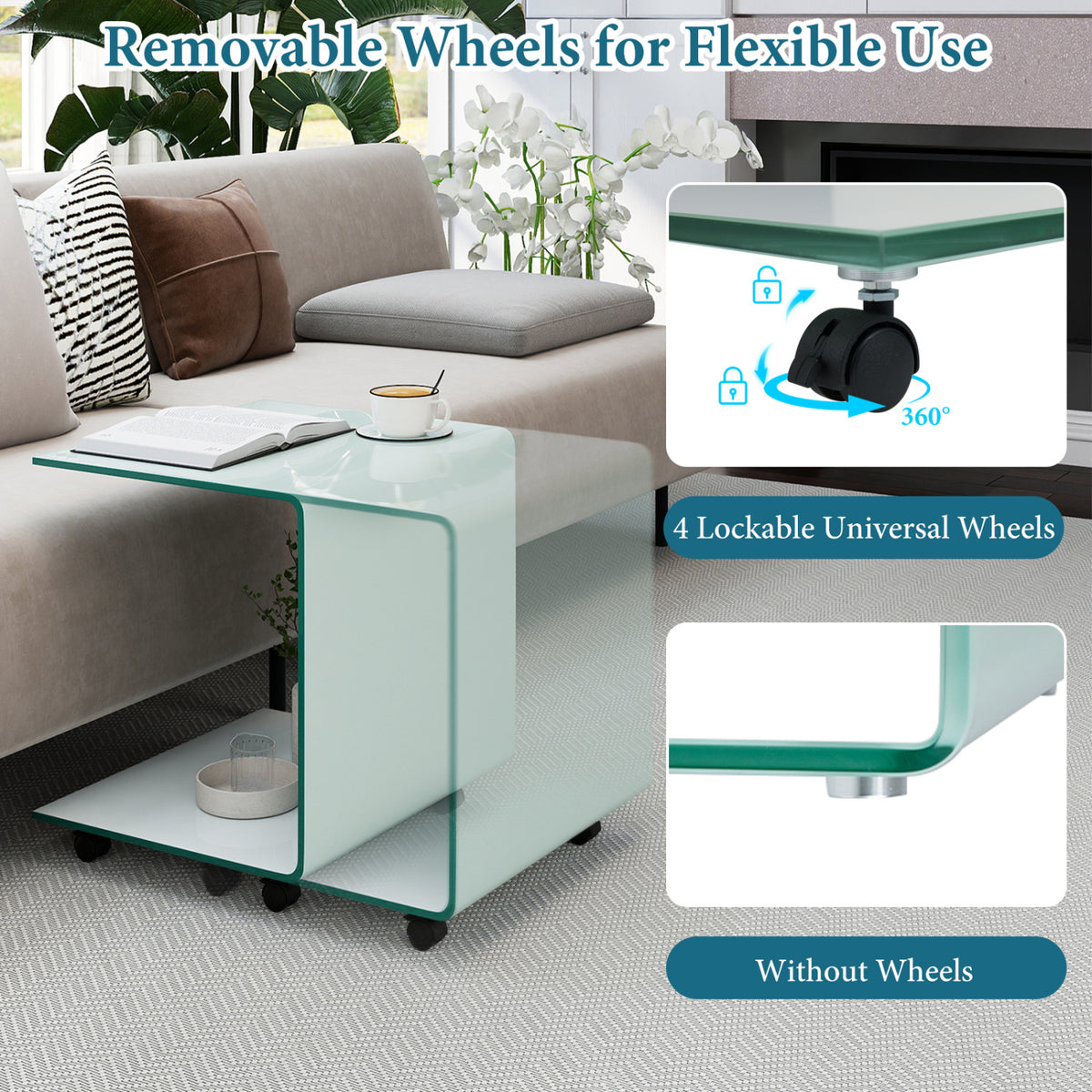 C-Shaped End Table with Shelf, White - Tempered Glass