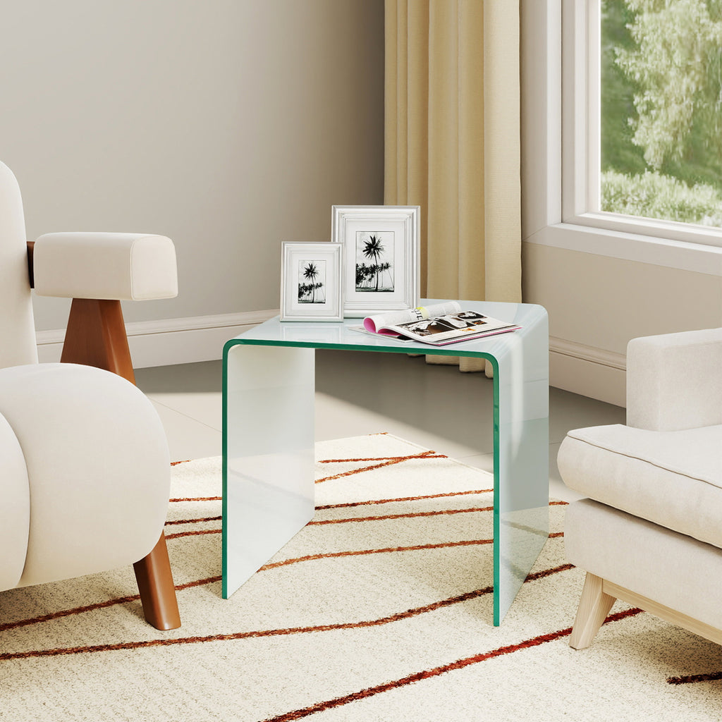 C-Shaped End Table with Shelf, White - Tempered Glass