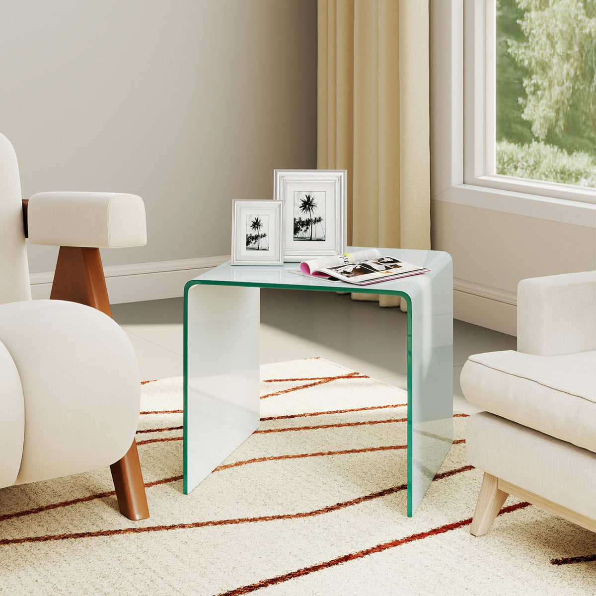 C-Shaped End Table with Shelf, White - Tempered Glass