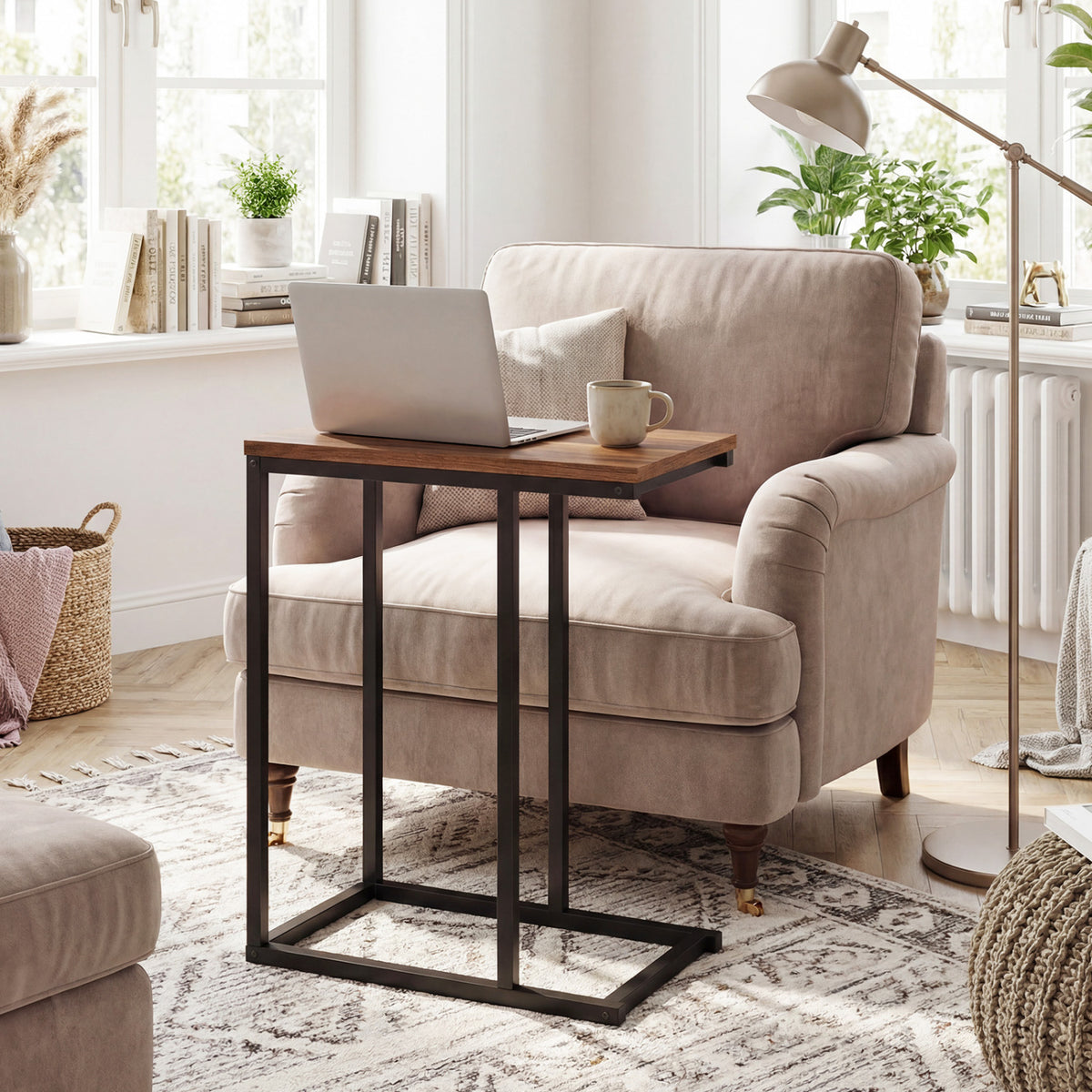 C-Shaped End Table with Metal Frame, Walnut