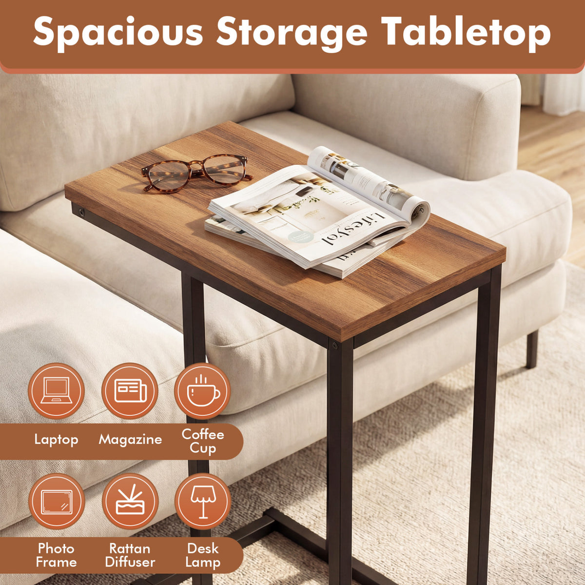 C-Shaped End Table with Metal Frame, Walnut