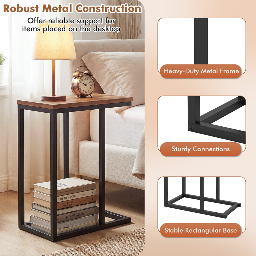 C-Shaped End Table with Metal Frame, Walnut