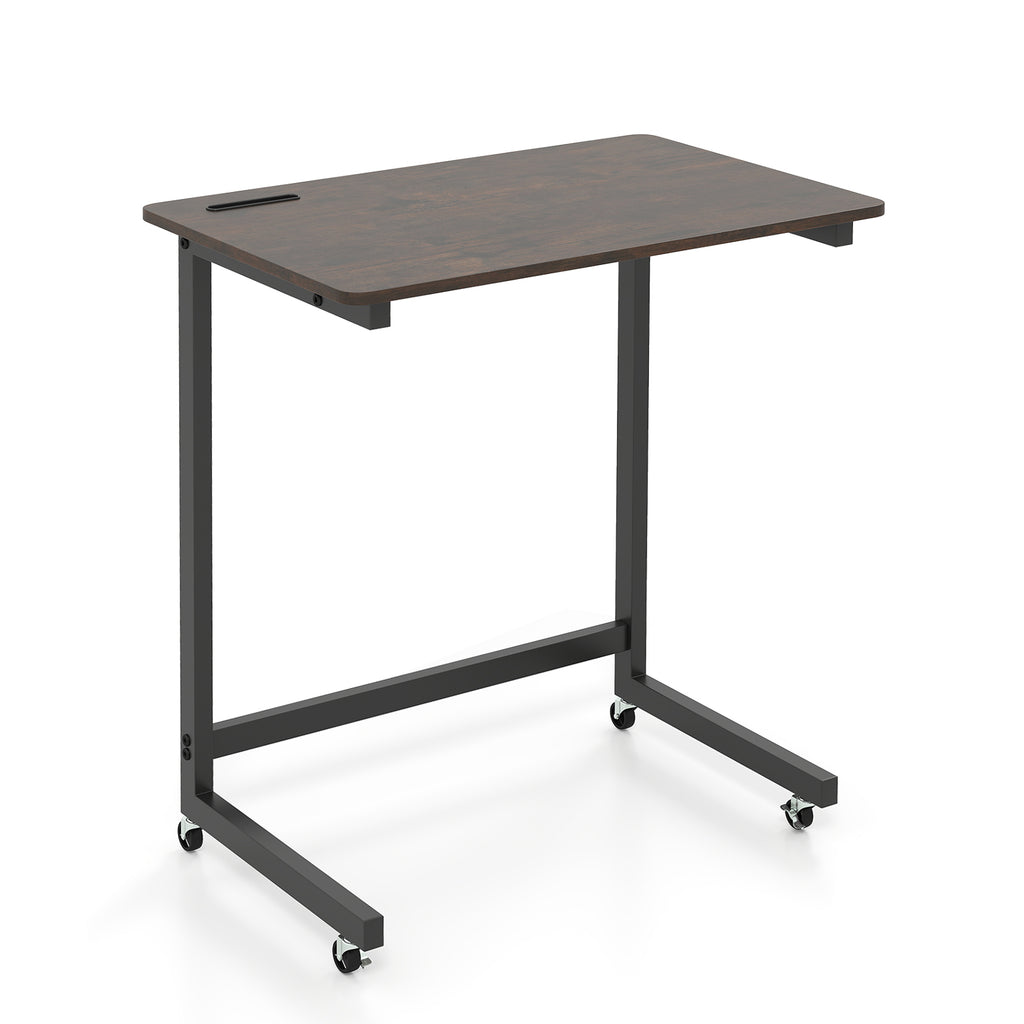 C-Shaped End Table with Wheels, Rustic Brown