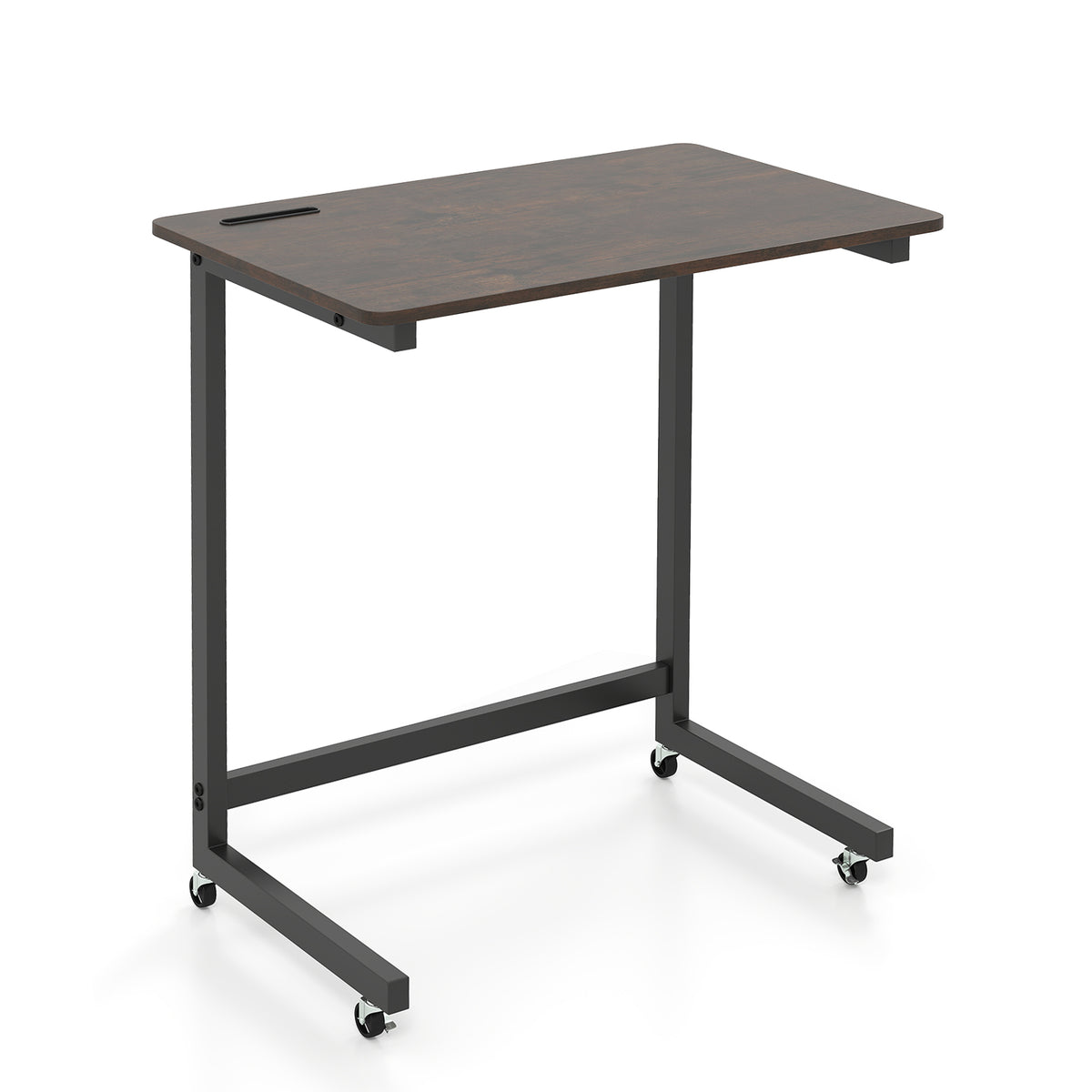 C-Shaped End Table with Wheels, Rustic Brown
