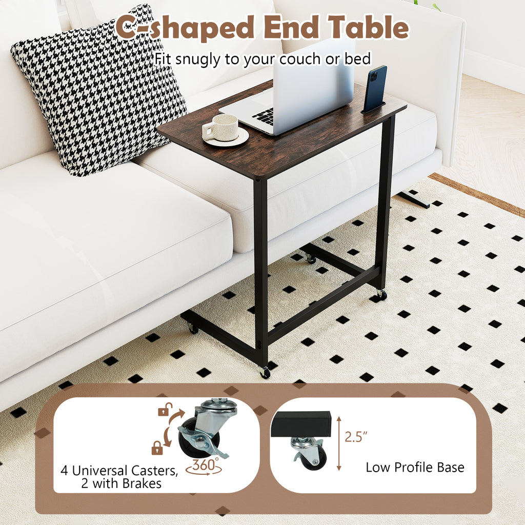 C-Shaped End Table with Wheels, Rustic Brown