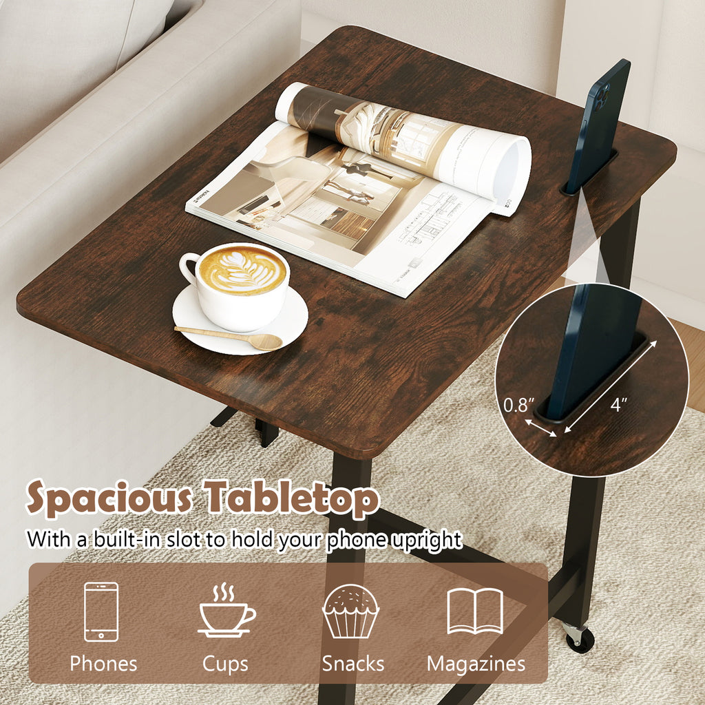 C-Shaped End Table with Wheels, Rustic Brown