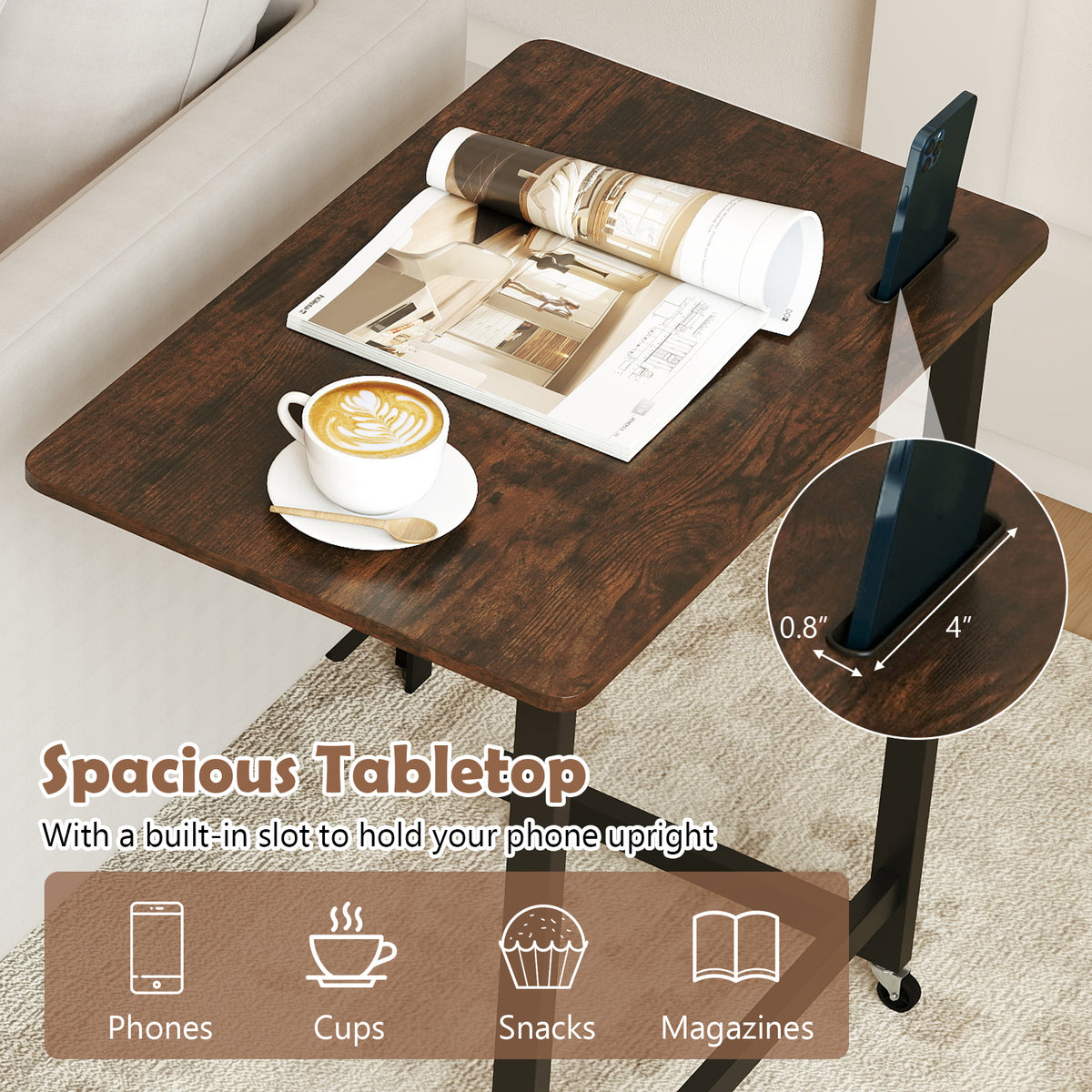 C-Shaped End Table with Wheels, Rustic Brown