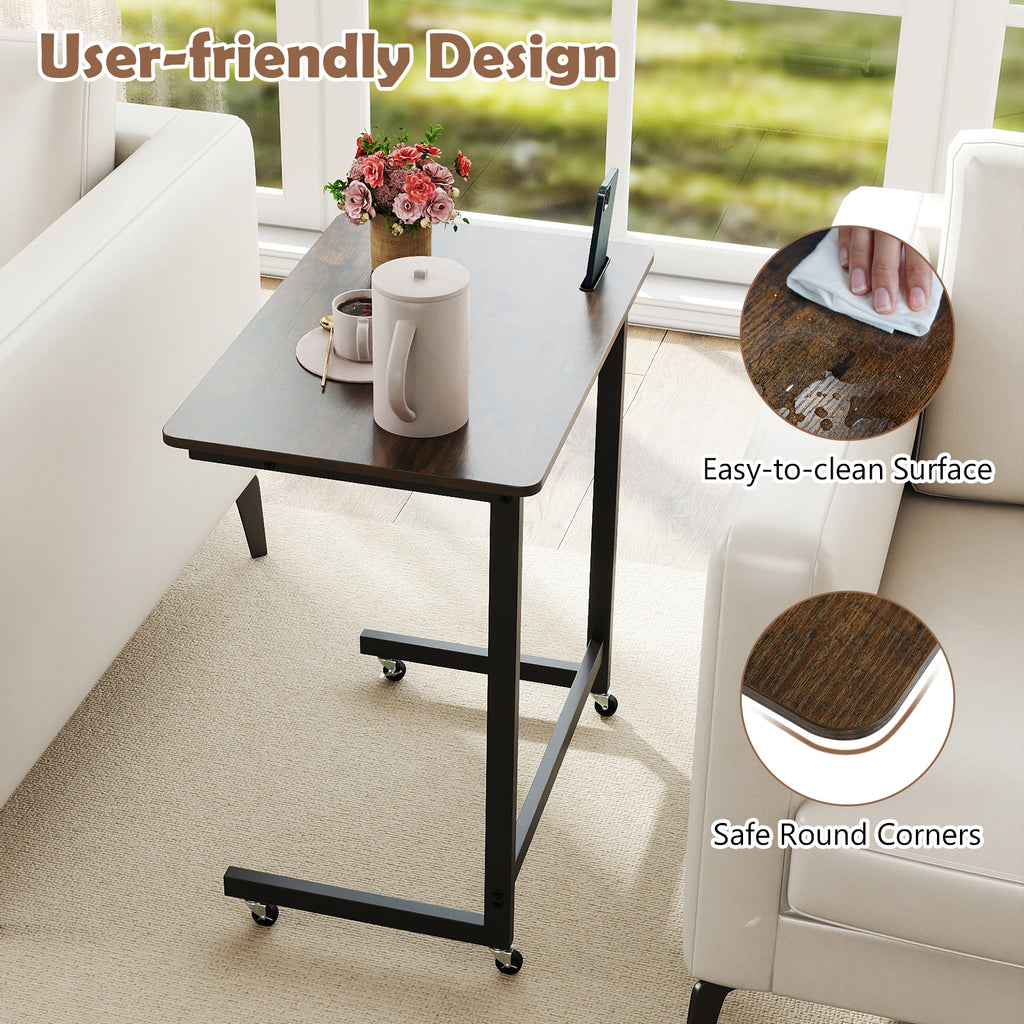 C-Shaped End Table with Wheels, Rustic Brown