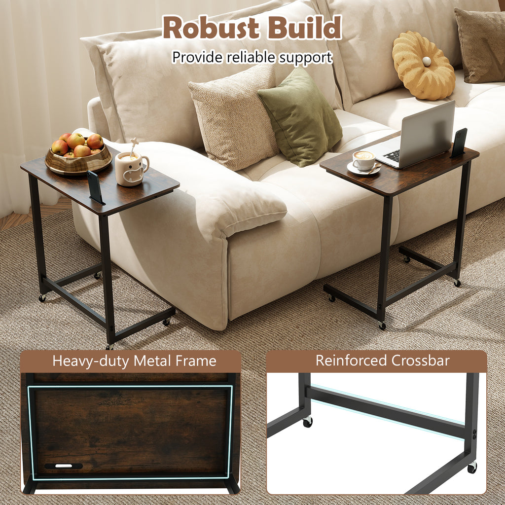 C-Shaped End Table with Wheels, Rustic Brown