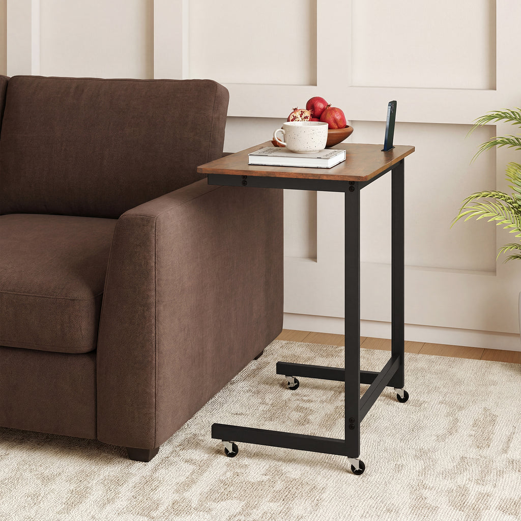 C-Shaped End Table with Wheels, Rustic Brown