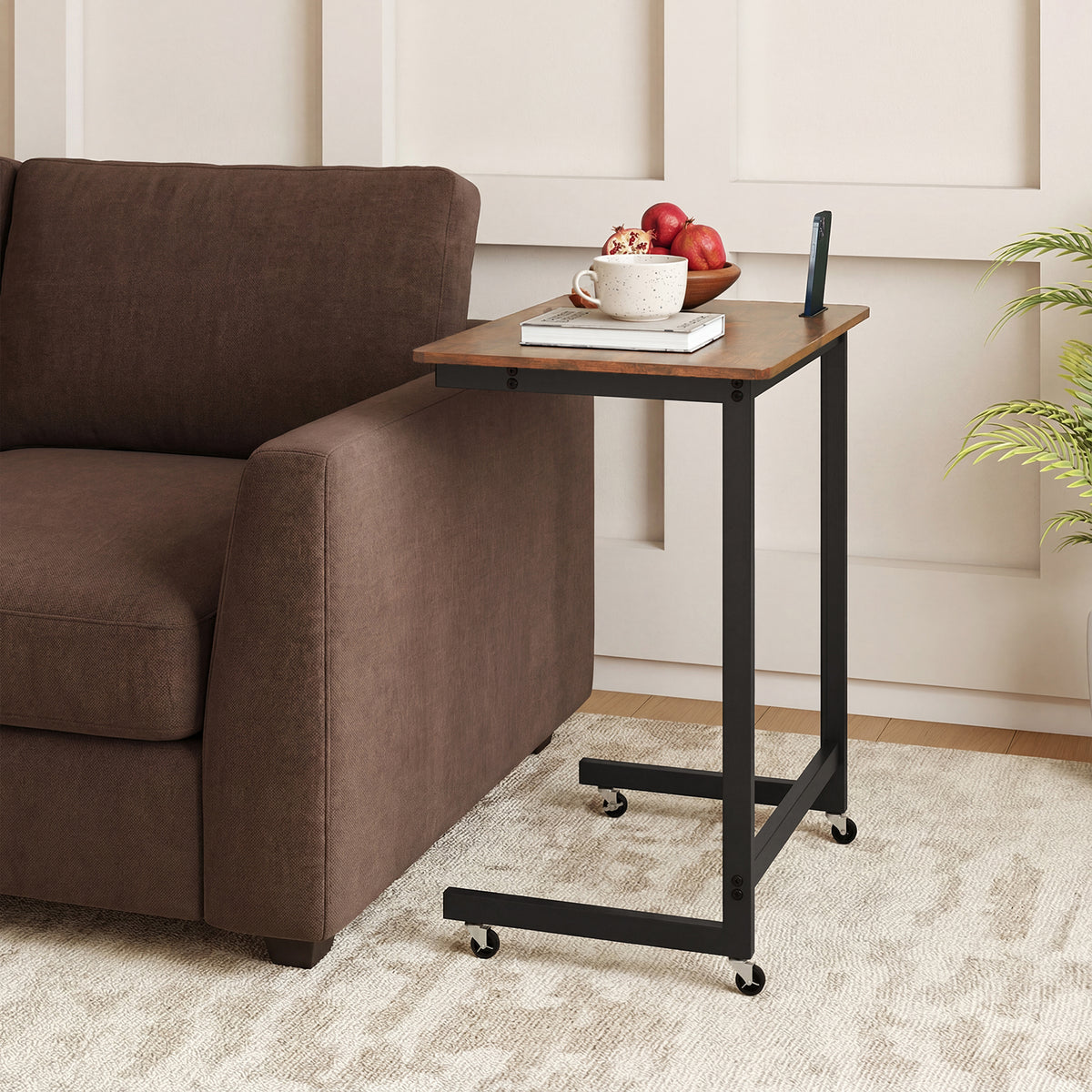 C-Shaped End Table with Wheels, Rustic Brown