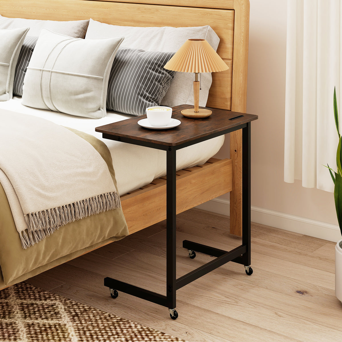 C-Shaped End Table with Wheels, Rustic Brown
