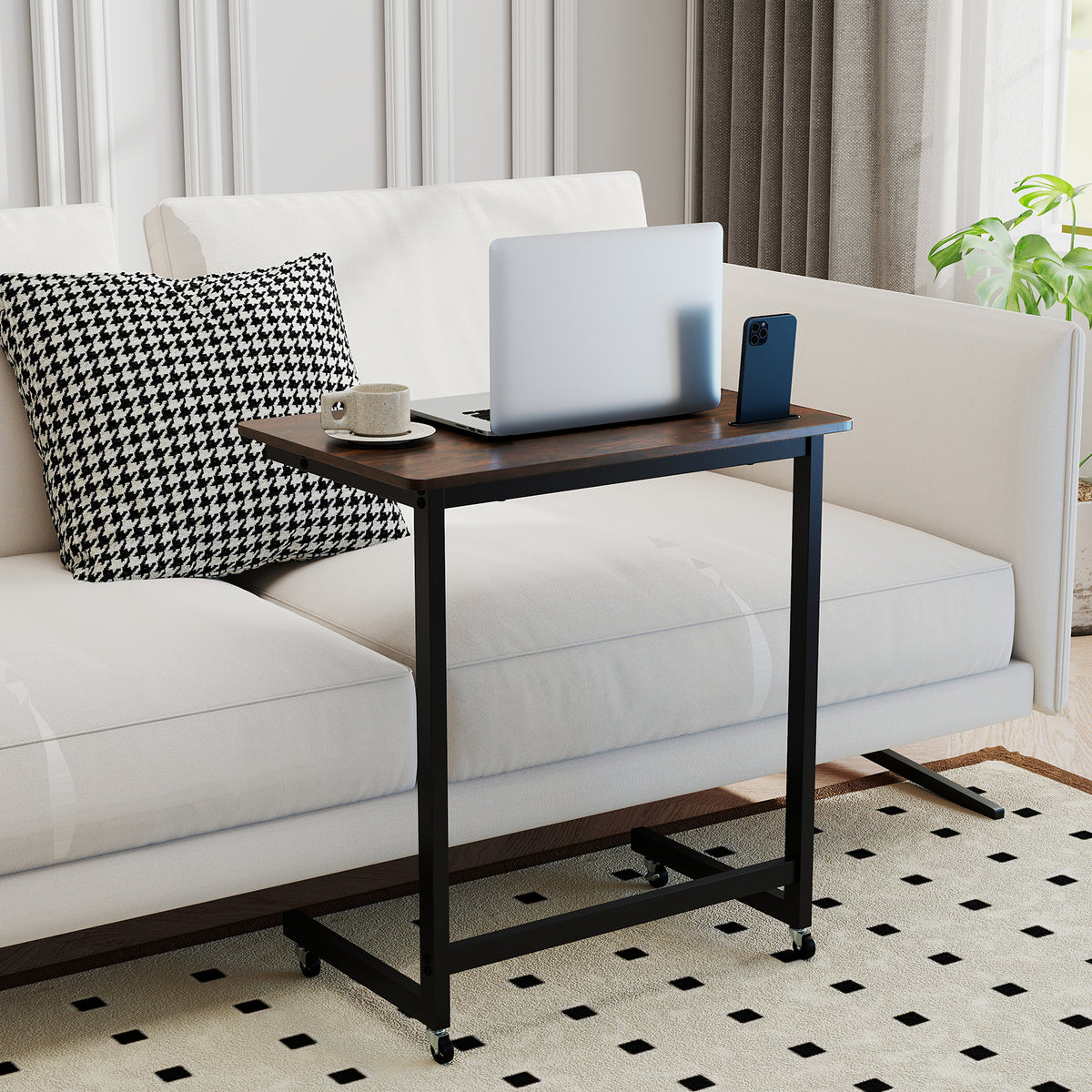 C-Shaped End Table with Wheels, Rustic Brown