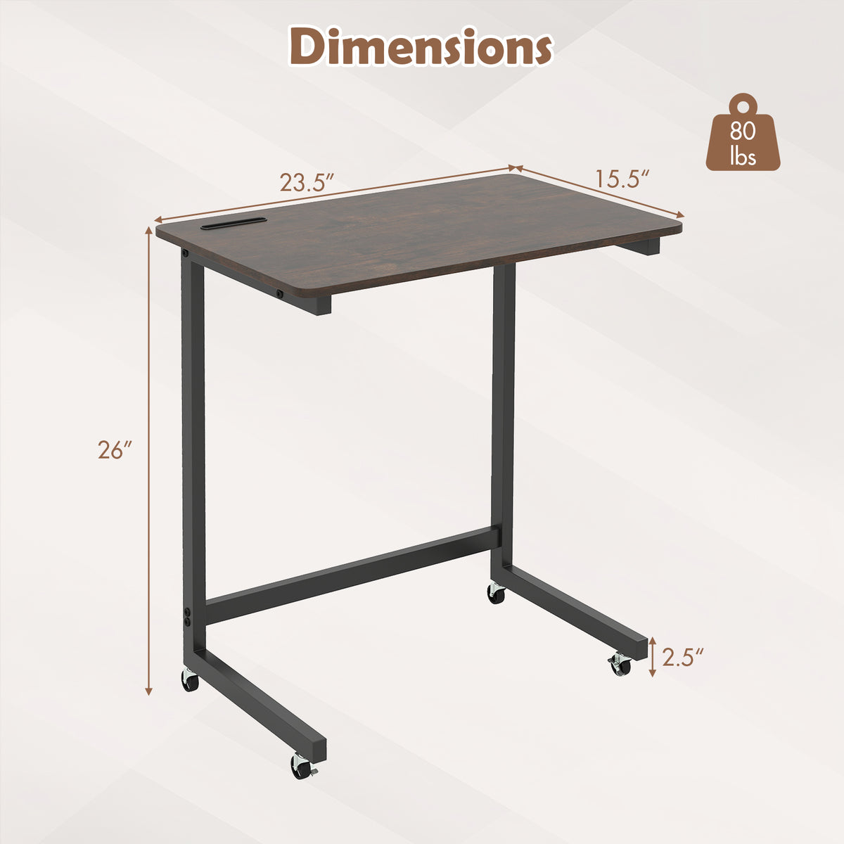 C-Shaped End Table with Wheels, Rustic Brown