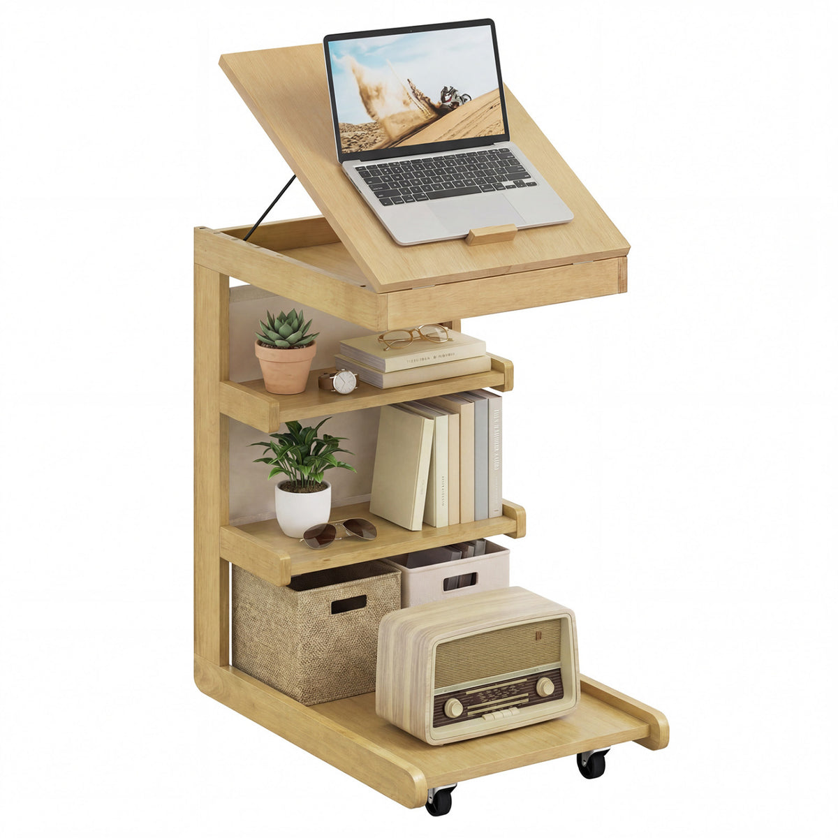 C-Shaped End Table with Adjustable Desktop and Wheels - Natural