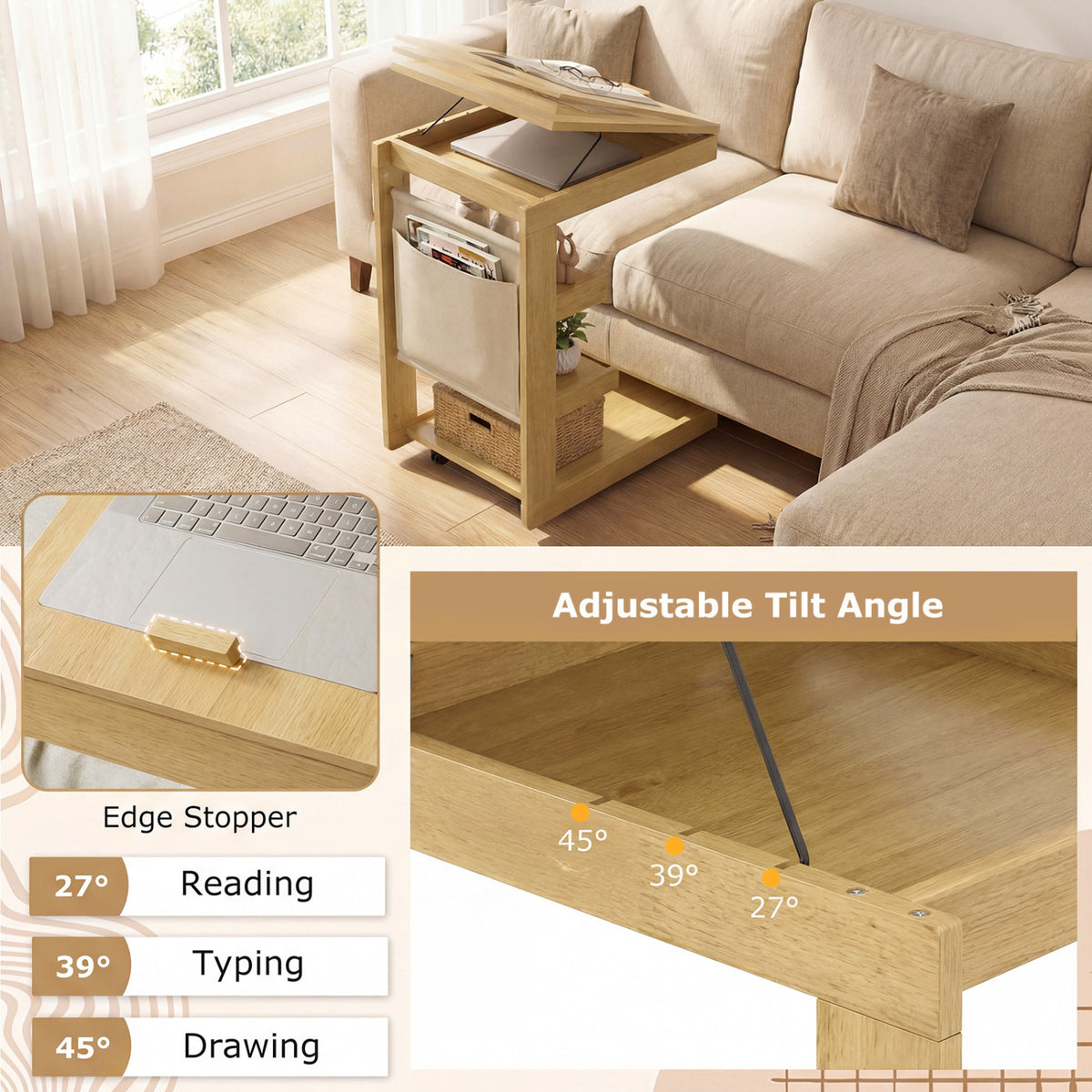 C-Shaped End Table with Adjustable Desktop and Wheels - Natural