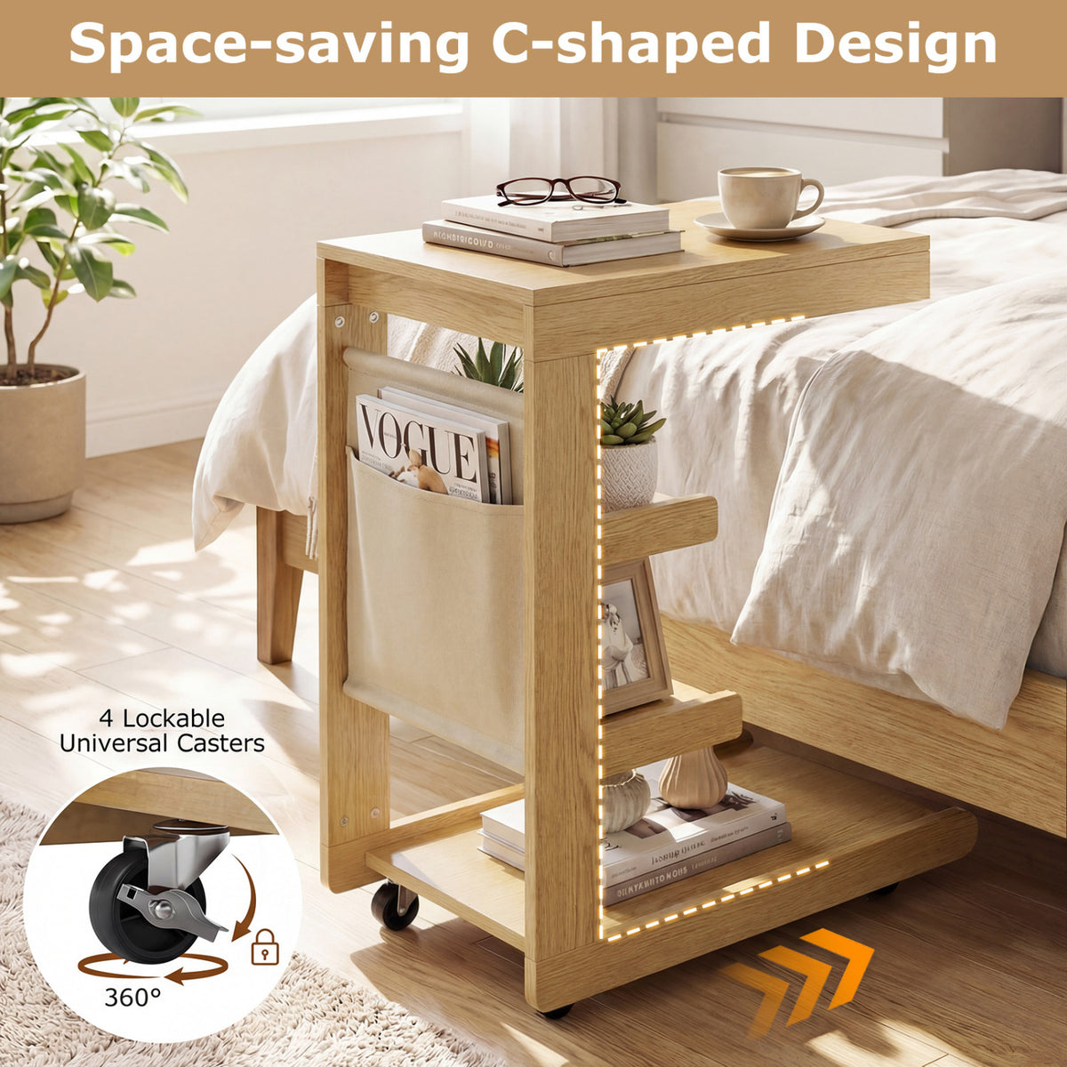 C-Shaped End Table with Adjustable Desktop and Wheels - Natural