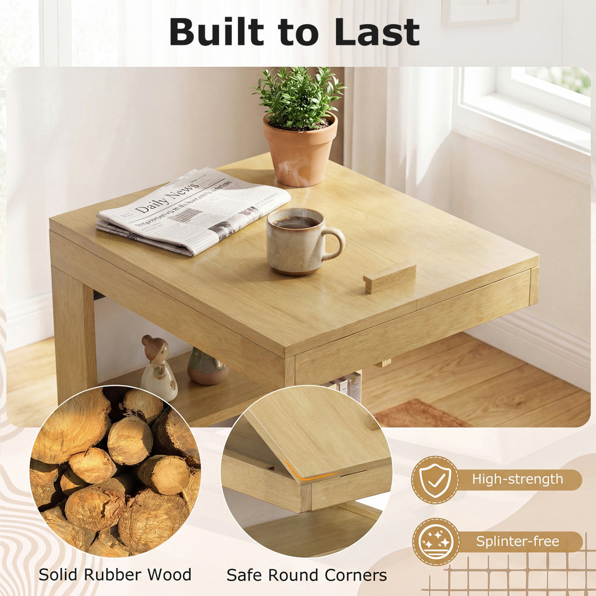 C-Shaped End Table with Adjustable Desktop and Wheels - Natural