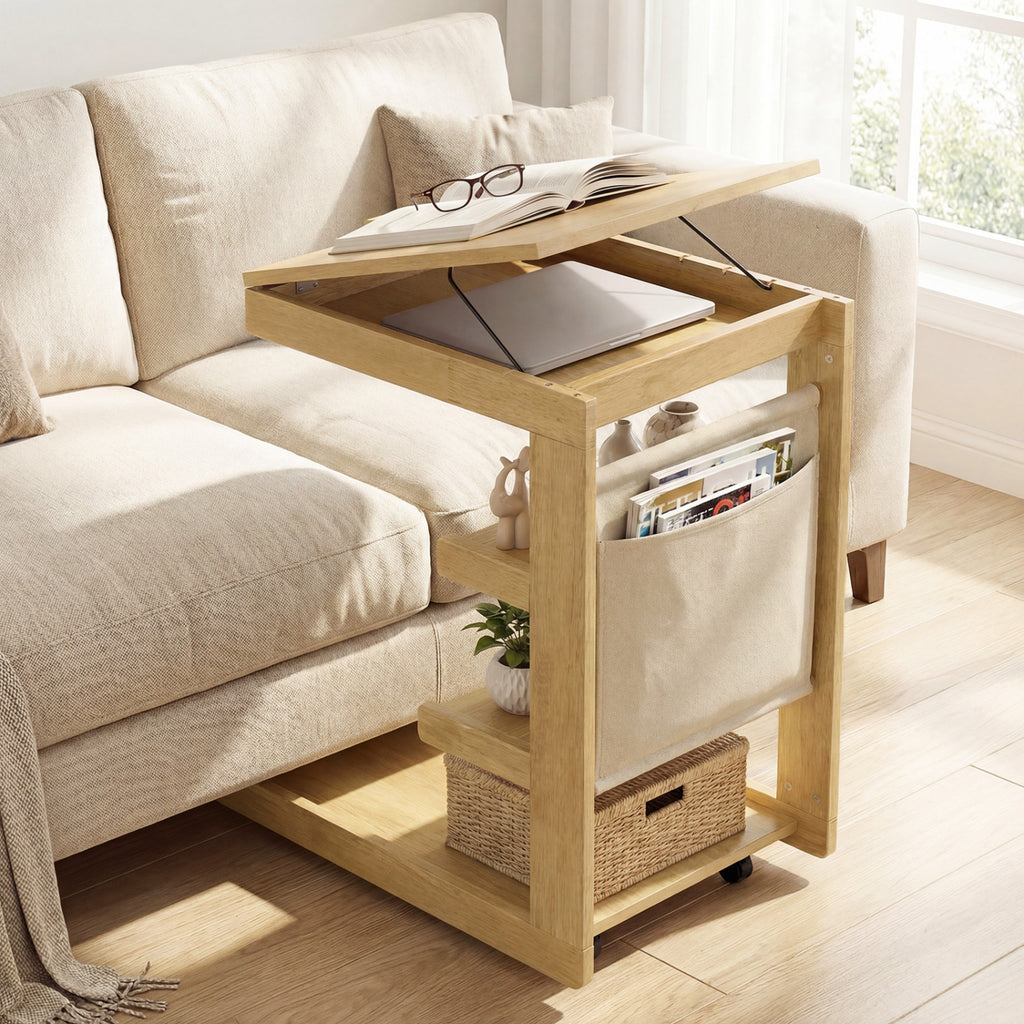 C-Shaped End Table with Adjustable Desktop and Wheels - Natural