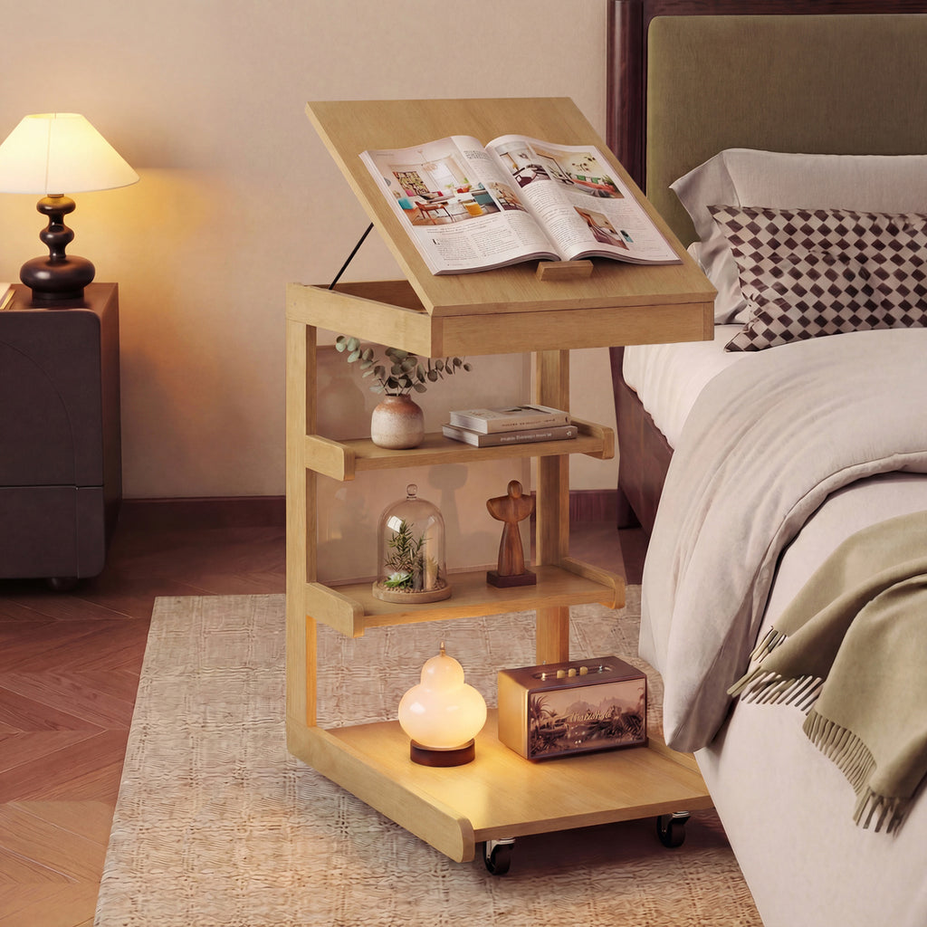 C-Shaped End Table with Adjustable Desktop and Wheels - Natural
