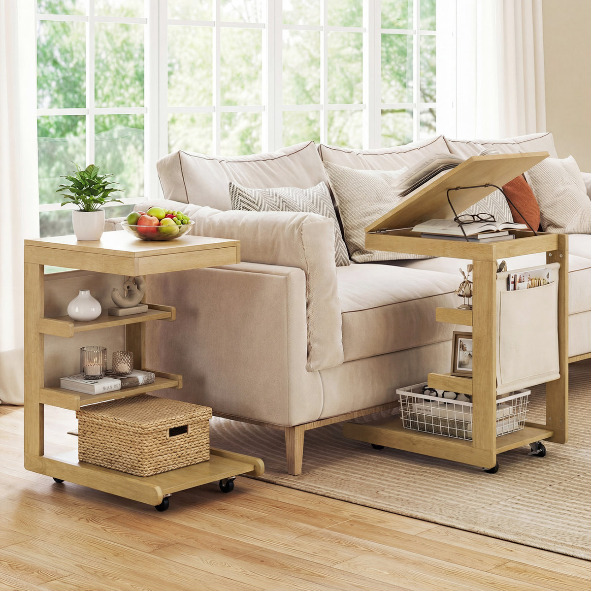 C-Shaped End Table with Adjustable Desktop and Wheels - Natural