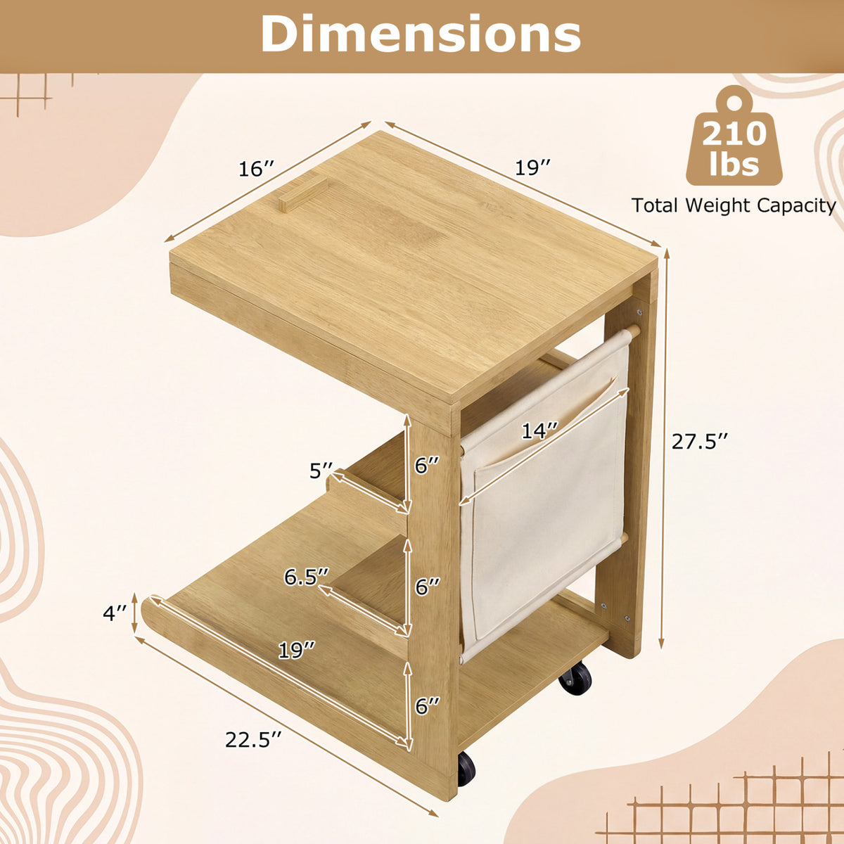 C-Shaped End Table with Adjustable Desktop and Wheels - Natural