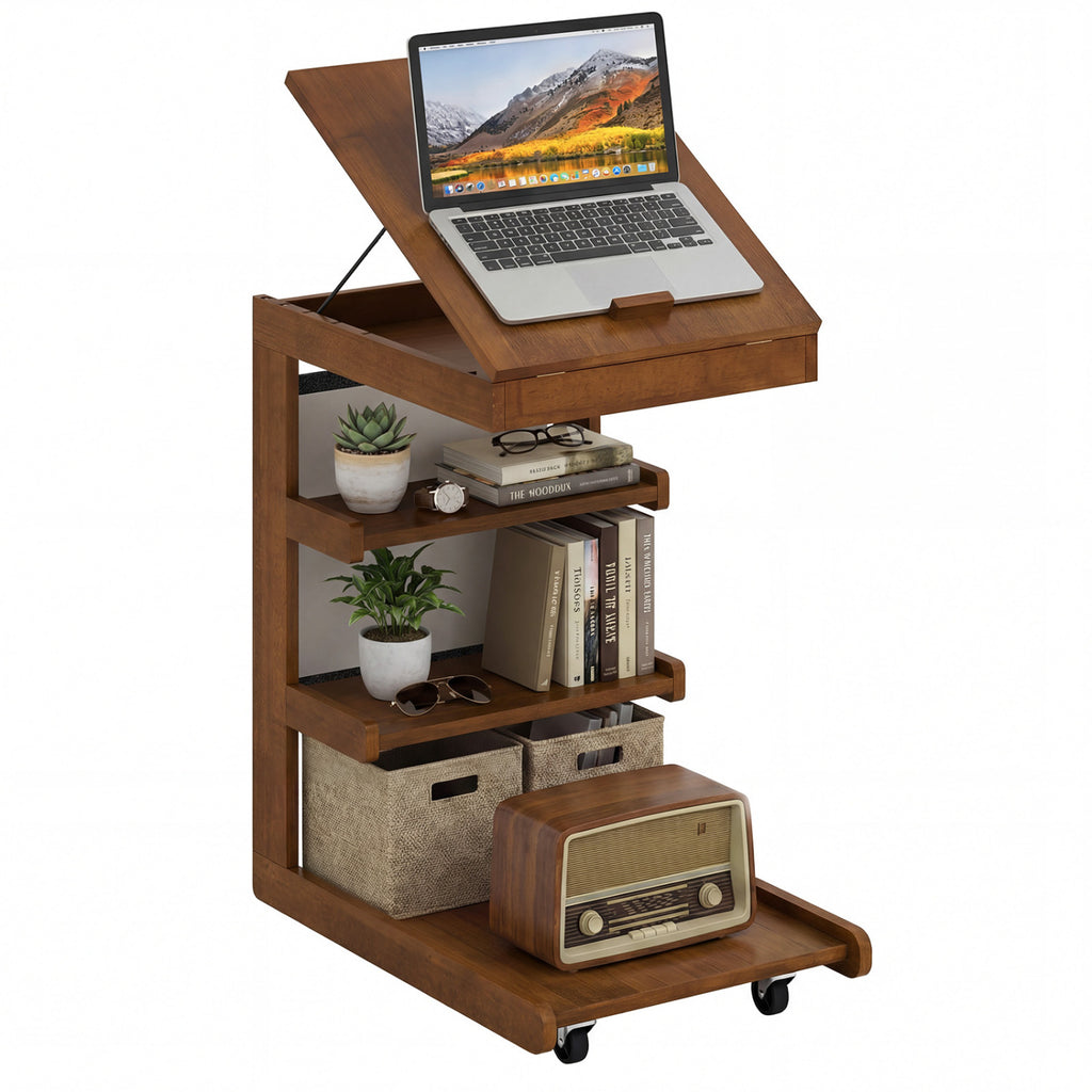 C-Shaped End Table with Adjustable Desktop and Wheels, Brown