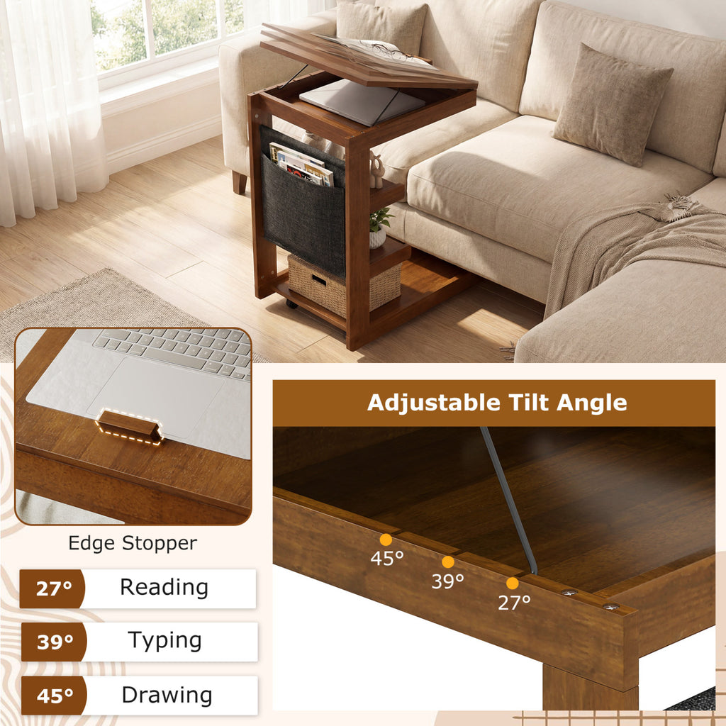 C-Shaped End Table with Adjustable Desktop and Wheels, Brown