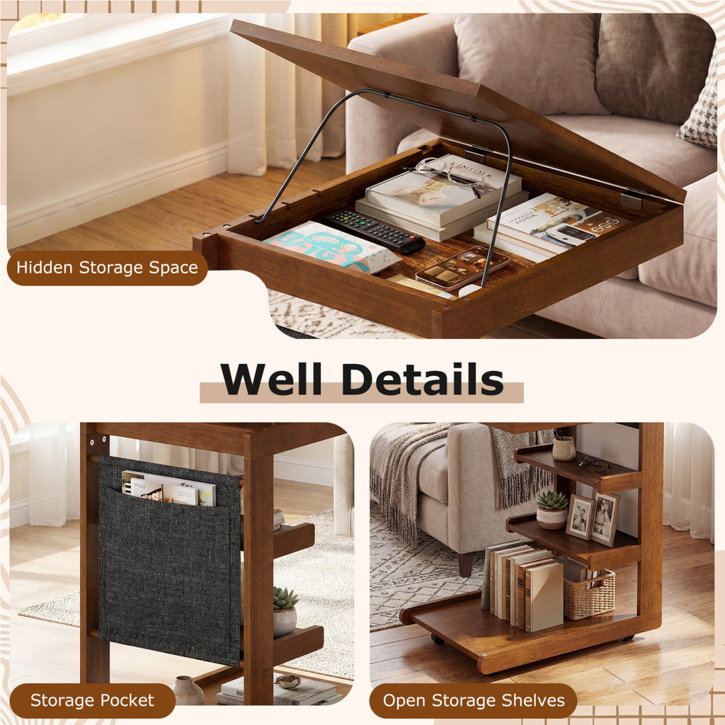 C-Shaped End Table with Adjustable Desktop and Wheels, Brown