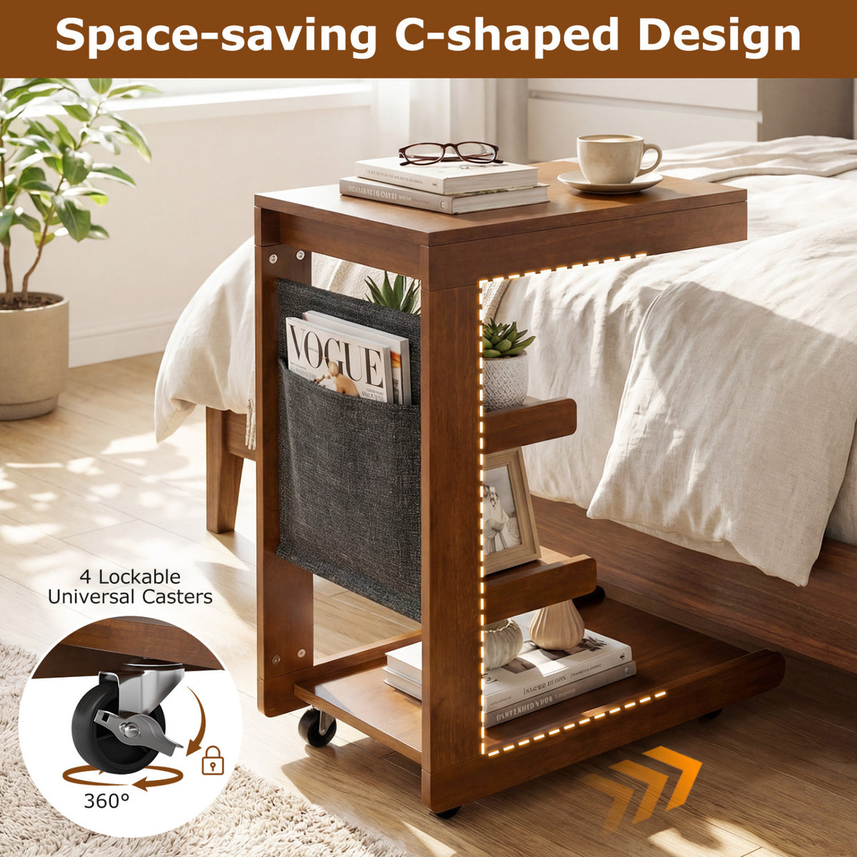 C-Shaped End Table with Adjustable Desktop and Wheels, Brown