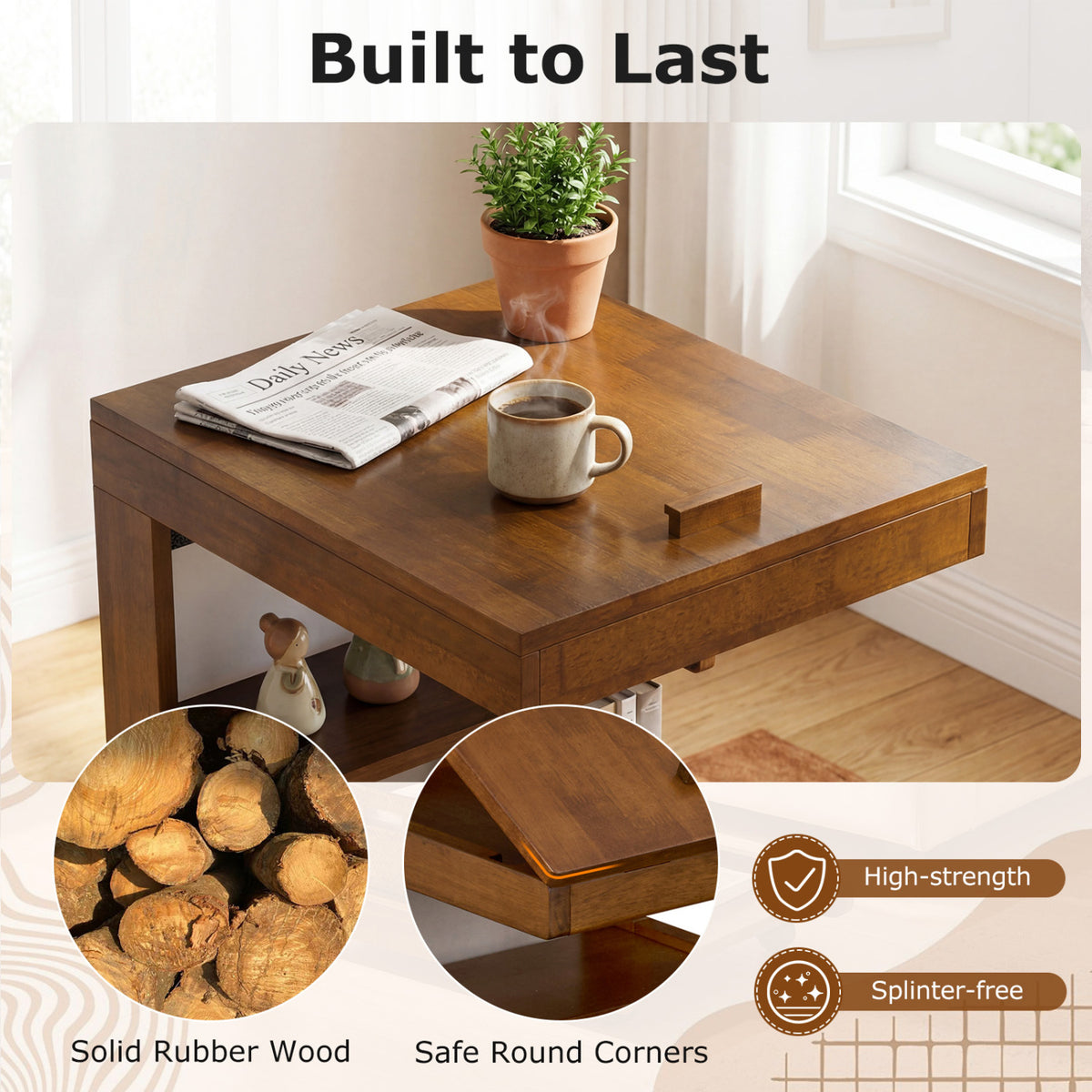 C-Shaped End Table with Adjustable Desktop and Wheels, Brown