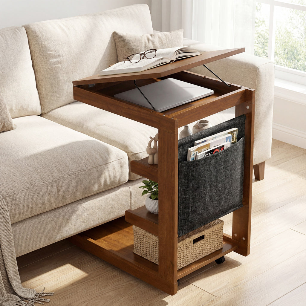 C-Shaped End Table with Adjustable Desktop and Wheels, Brown