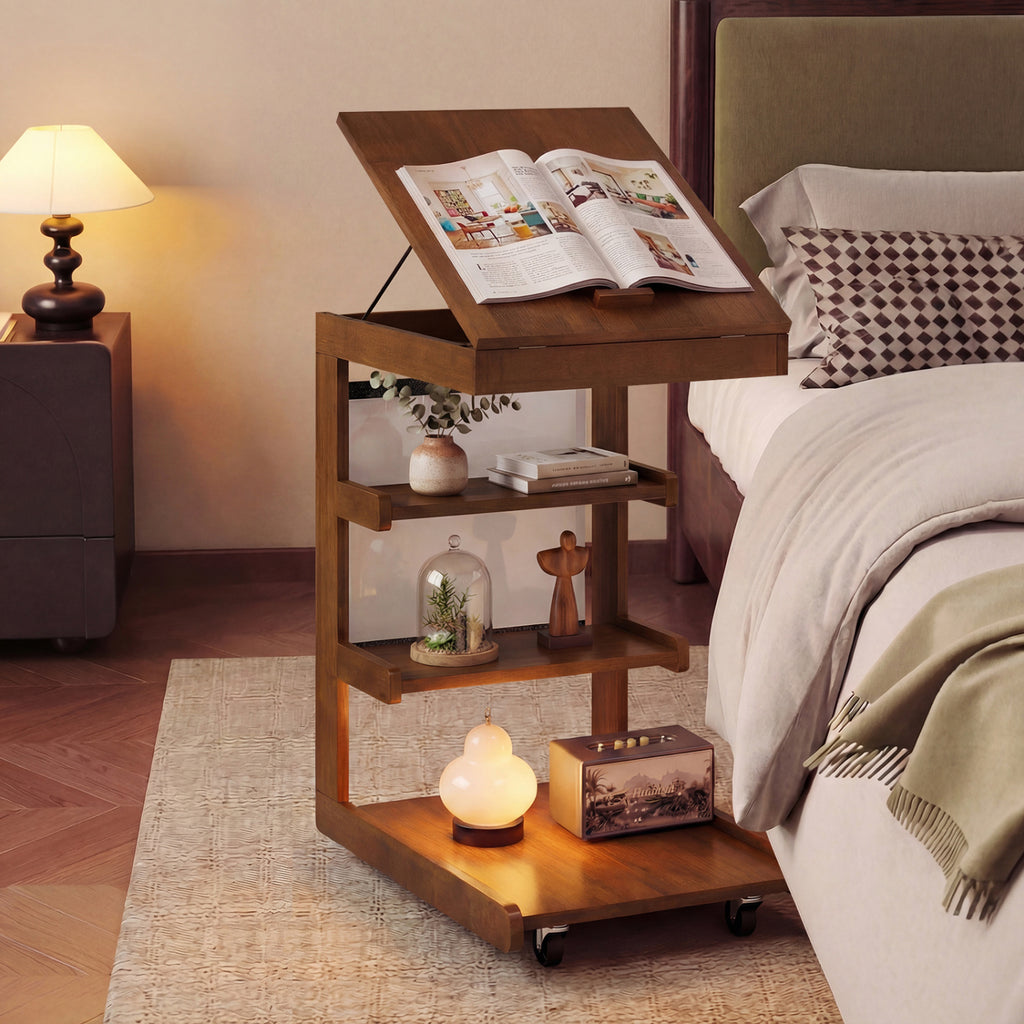 C-Shaped End Table with Adjustable Desktop and Wheels, Brown