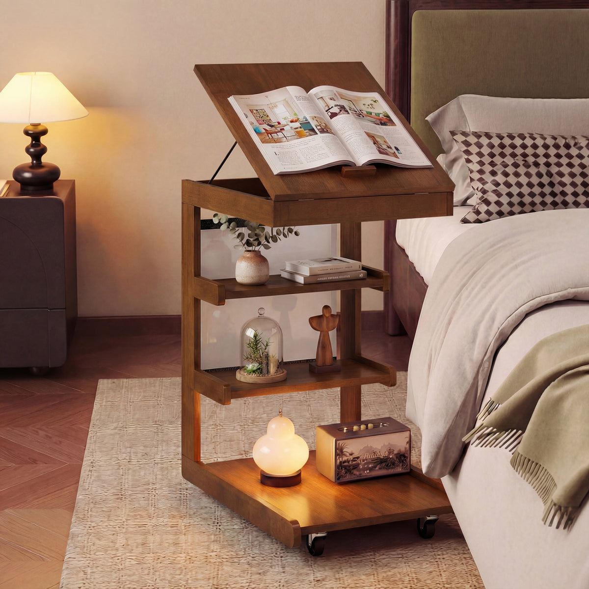 C-Shaped End Table with Adjustable Desktop and Wheels, Brown