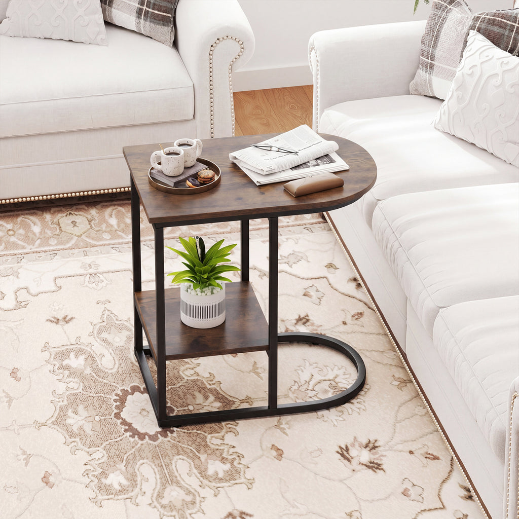 C-Shaped Side Table with Faux Marble Top and Storage - Rustic Brown