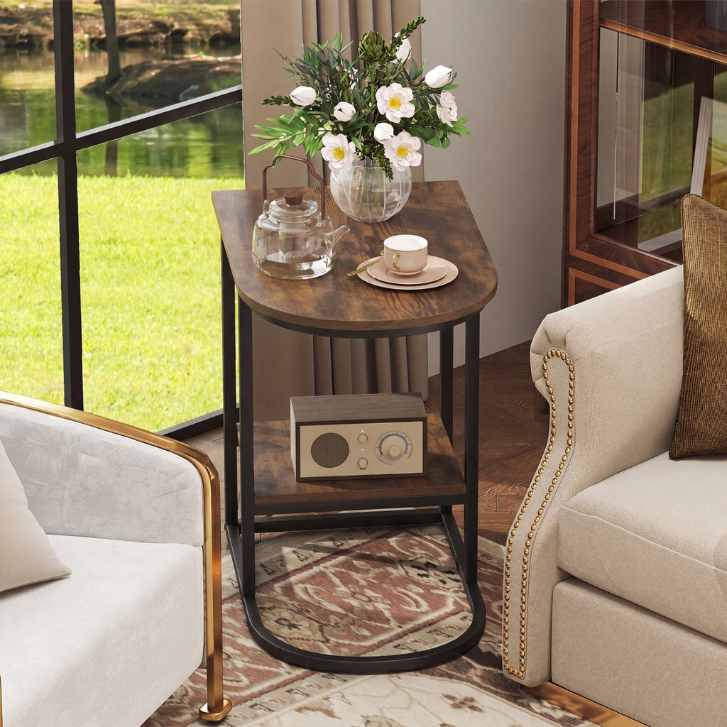 C-Shaped Side Table with Faux Marble Top and Storage - Rustic Brown