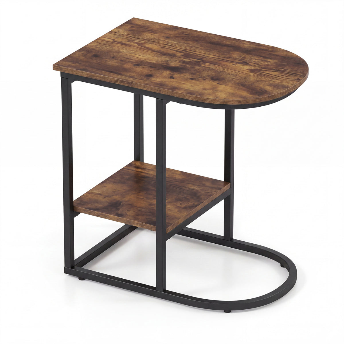 C-Shaped Side Table with Faux Marble Top and Storage - Rustic Brown