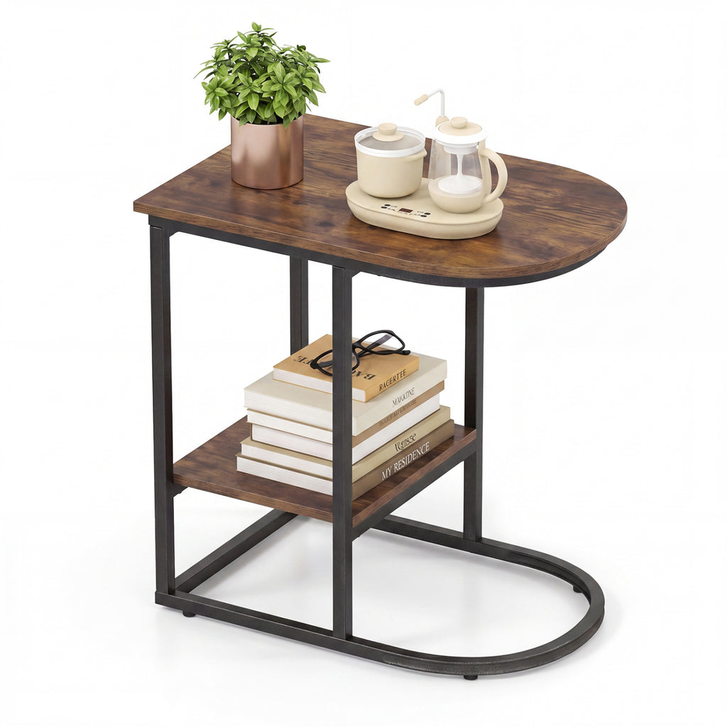 C-Shaped Side Table with Faux Marble Top and Storage - Rustic Brown