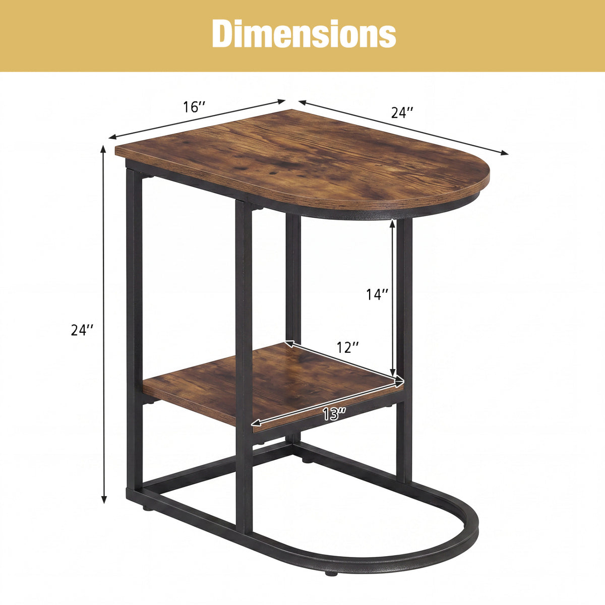 C-Shaped Side Table with Faux Marble Top and Storage - Rustic Brown
