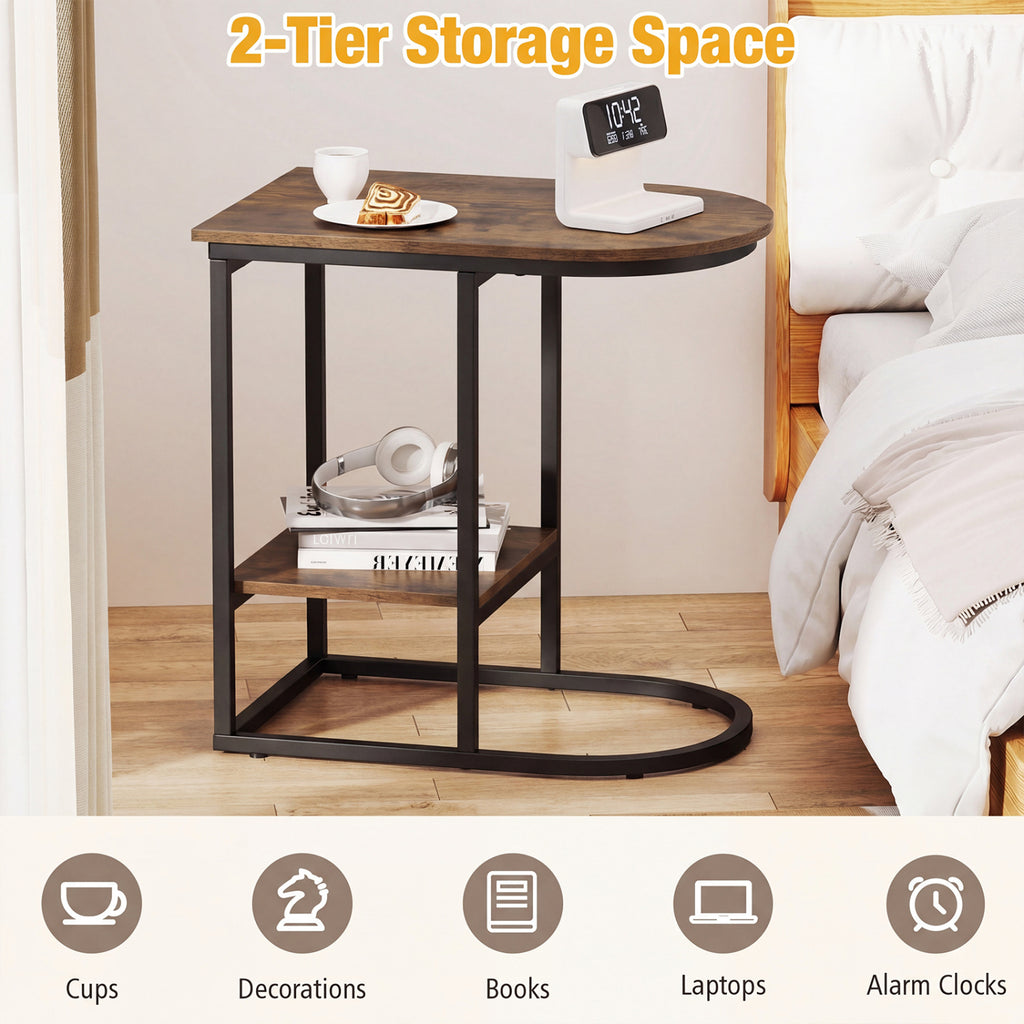 C-Shaped Side Table with Faux Marble Top and Storage - Rustic Brown