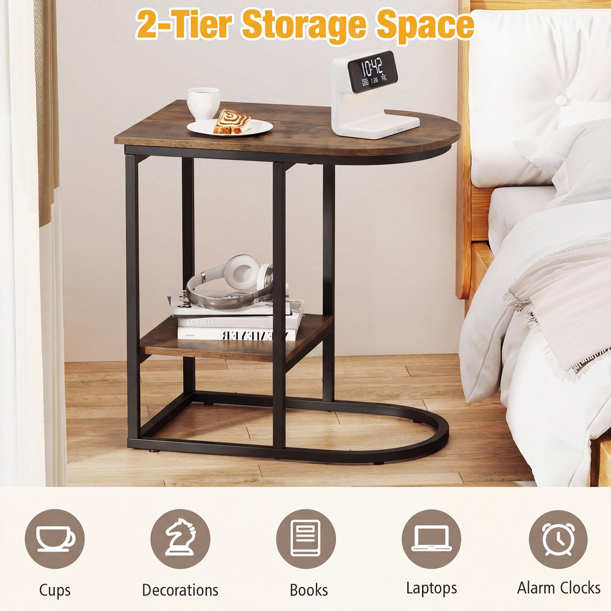 C-Shaped Side Table with Faux Marble Top and Storage - Rustic Brown