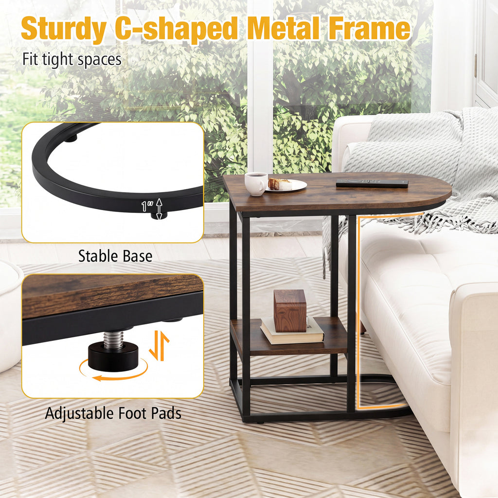 C-Shaped Side Table with Faux Marble Top and Storage - Rustic Brown