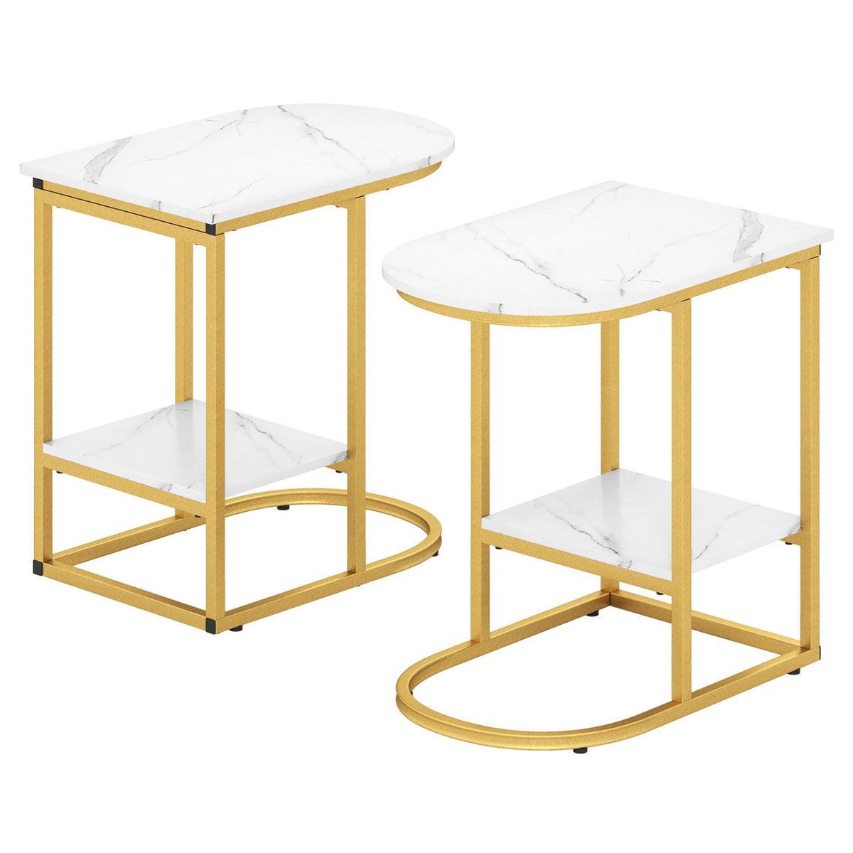 C-Shaped Modern Sofa Side Table with Storage Shelf, Marble Top - Set of 2, White
