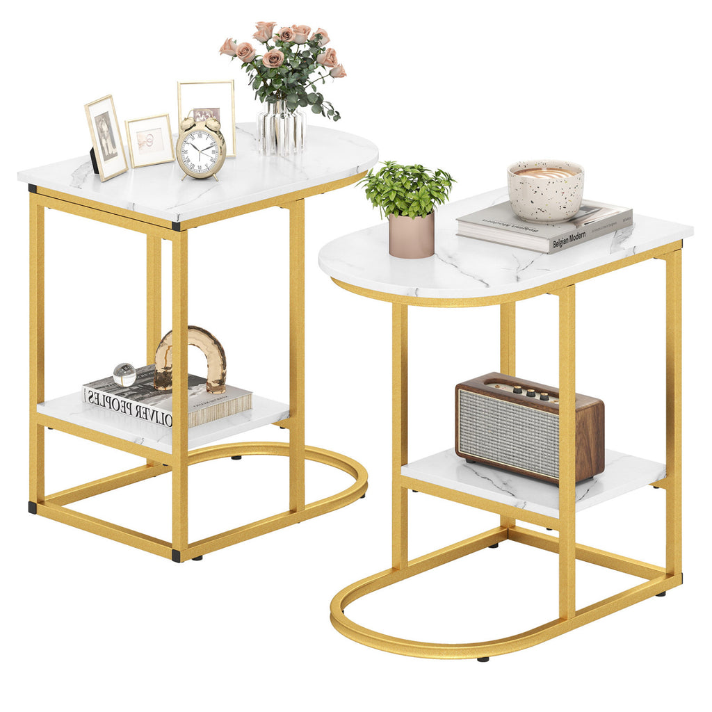 C-Shaped Modern Sofa Side Table with Storage Shelf, Marble Top - Set of 2, White