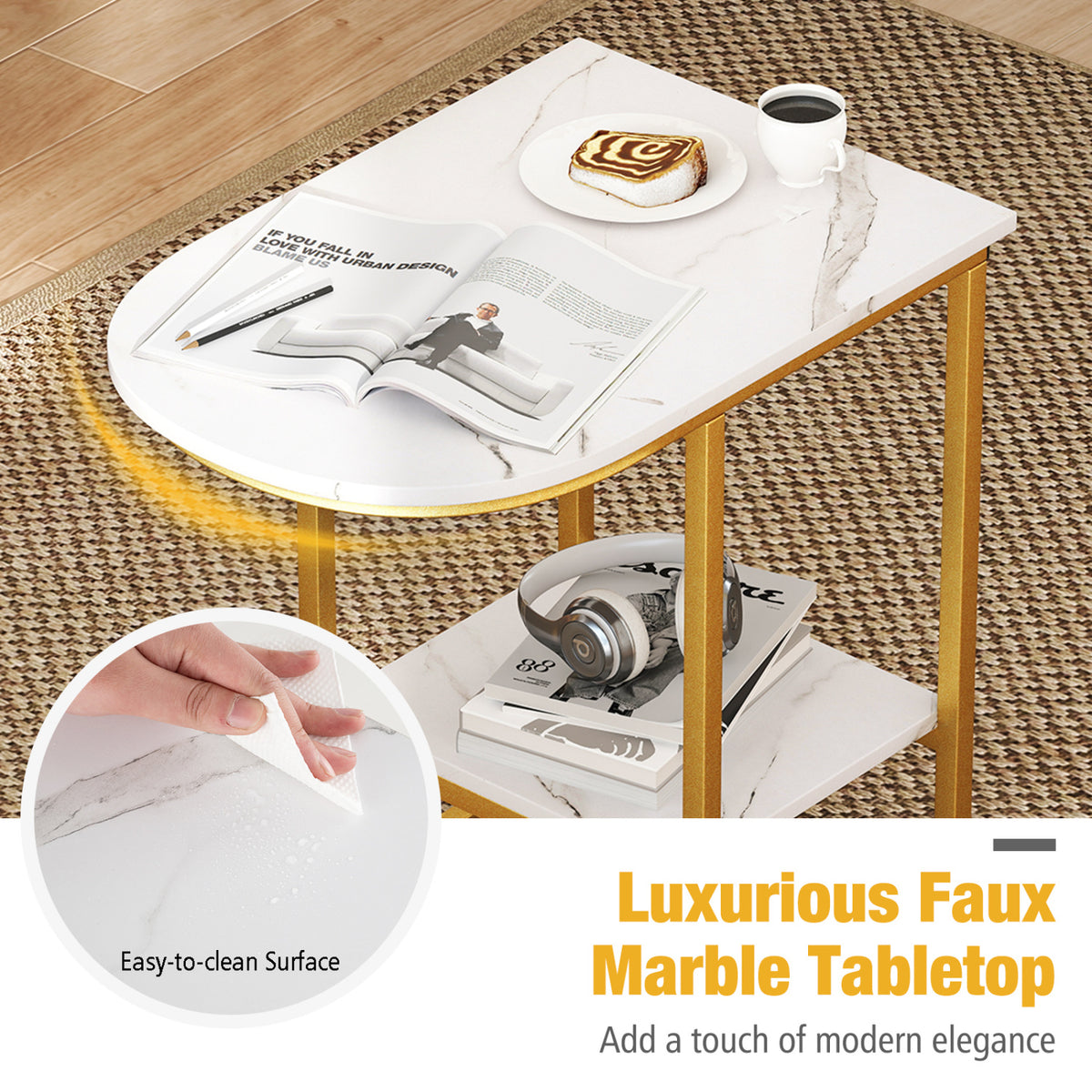 C-Shaped Modern Sofa Side Table with Storage Shelf, Marble Top - Set of 2, White