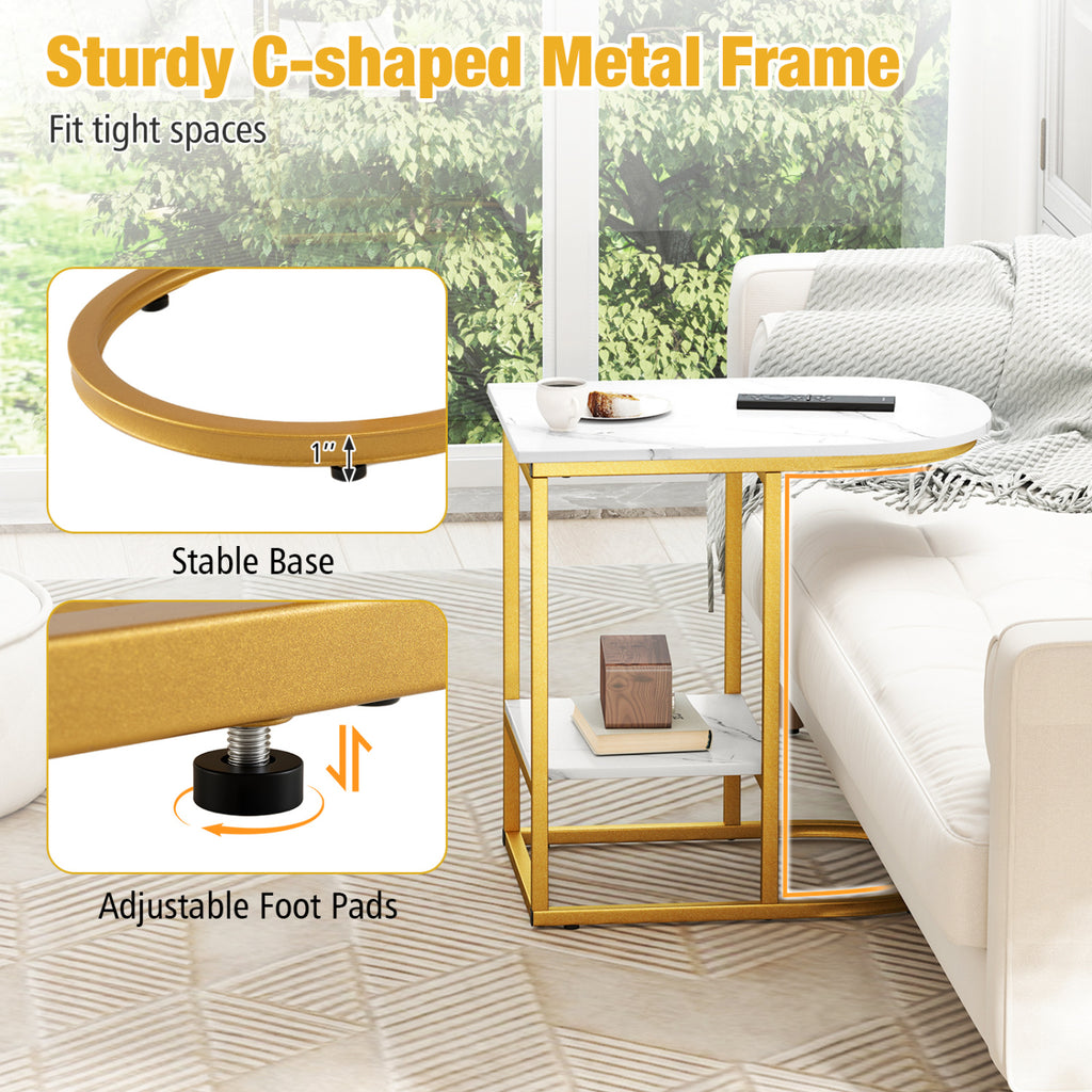C-Shaped Modern Sofa Side Table with Storage Shelf, Marble Top - Set of 2, White