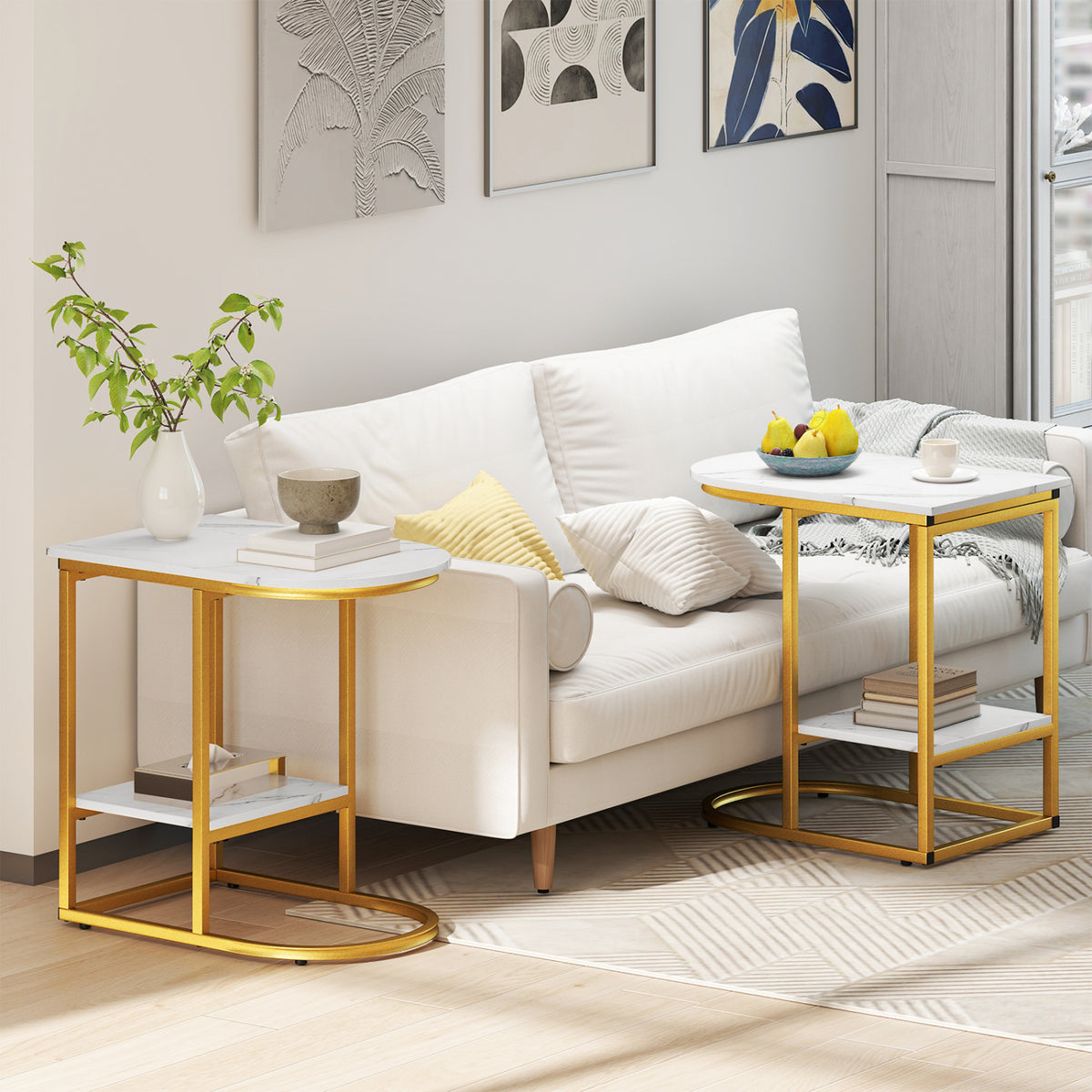 C-Shaped Modern Sofa Side Table with Storage Shelf, Marble Top - Set of 2, White